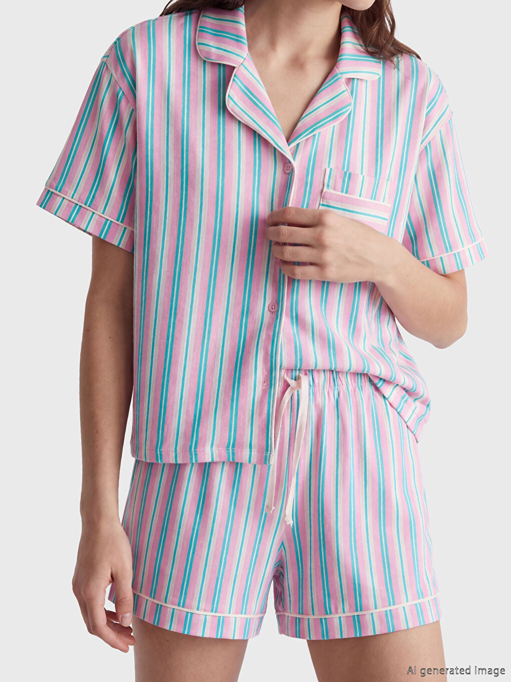 Collared Neck Striped Women's Shortie Pyjamas Set-2