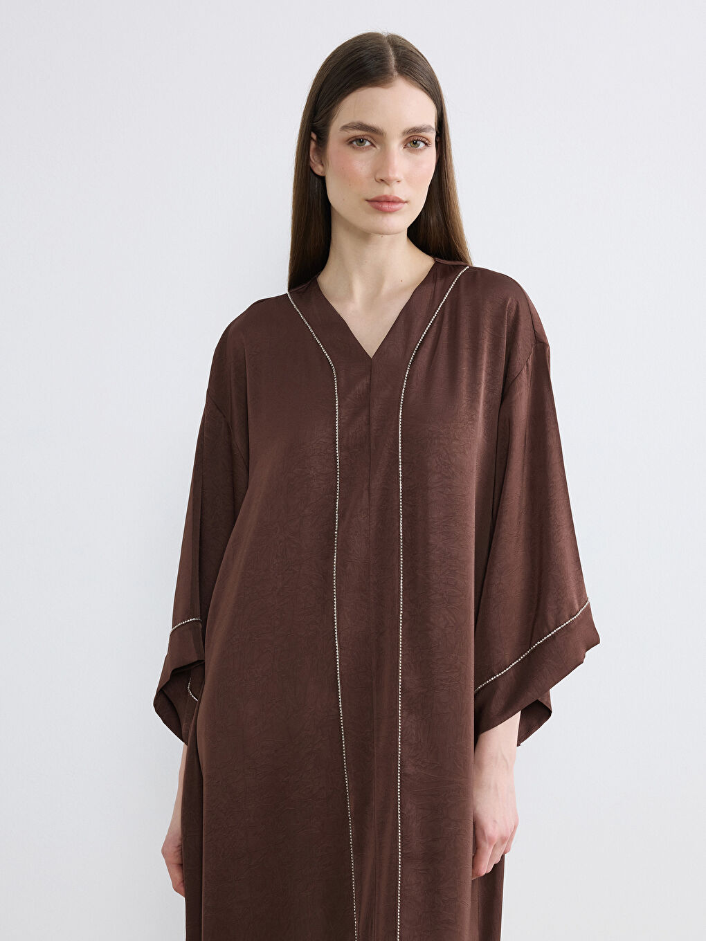 V Neck Rhinestone Embellished Oversize Satin Dress