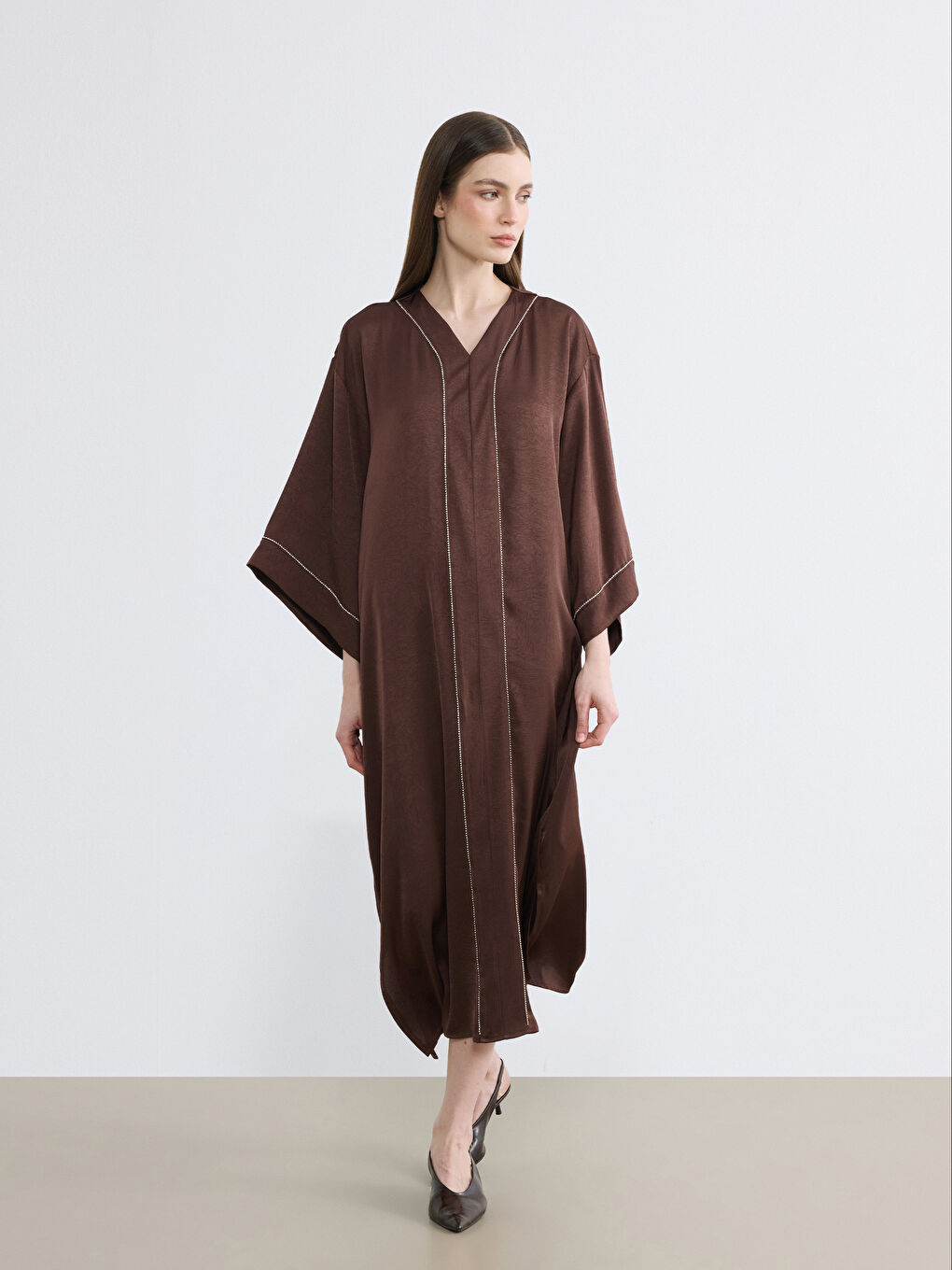 V Neck Rhinestone Embellished Oversize Satin Dress-1