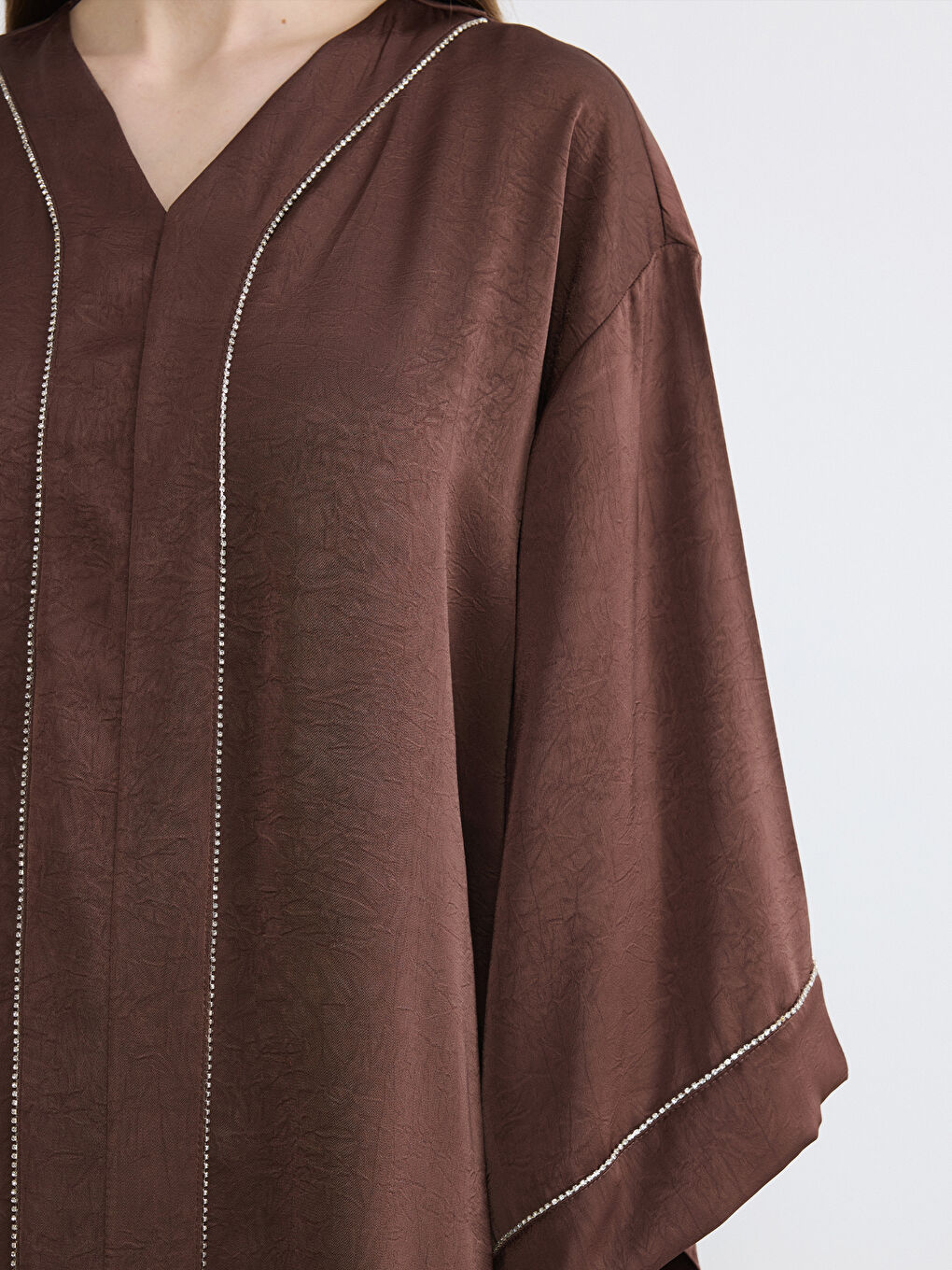 V Neck Rhinestone Embellished Oversize Satin Dress-2