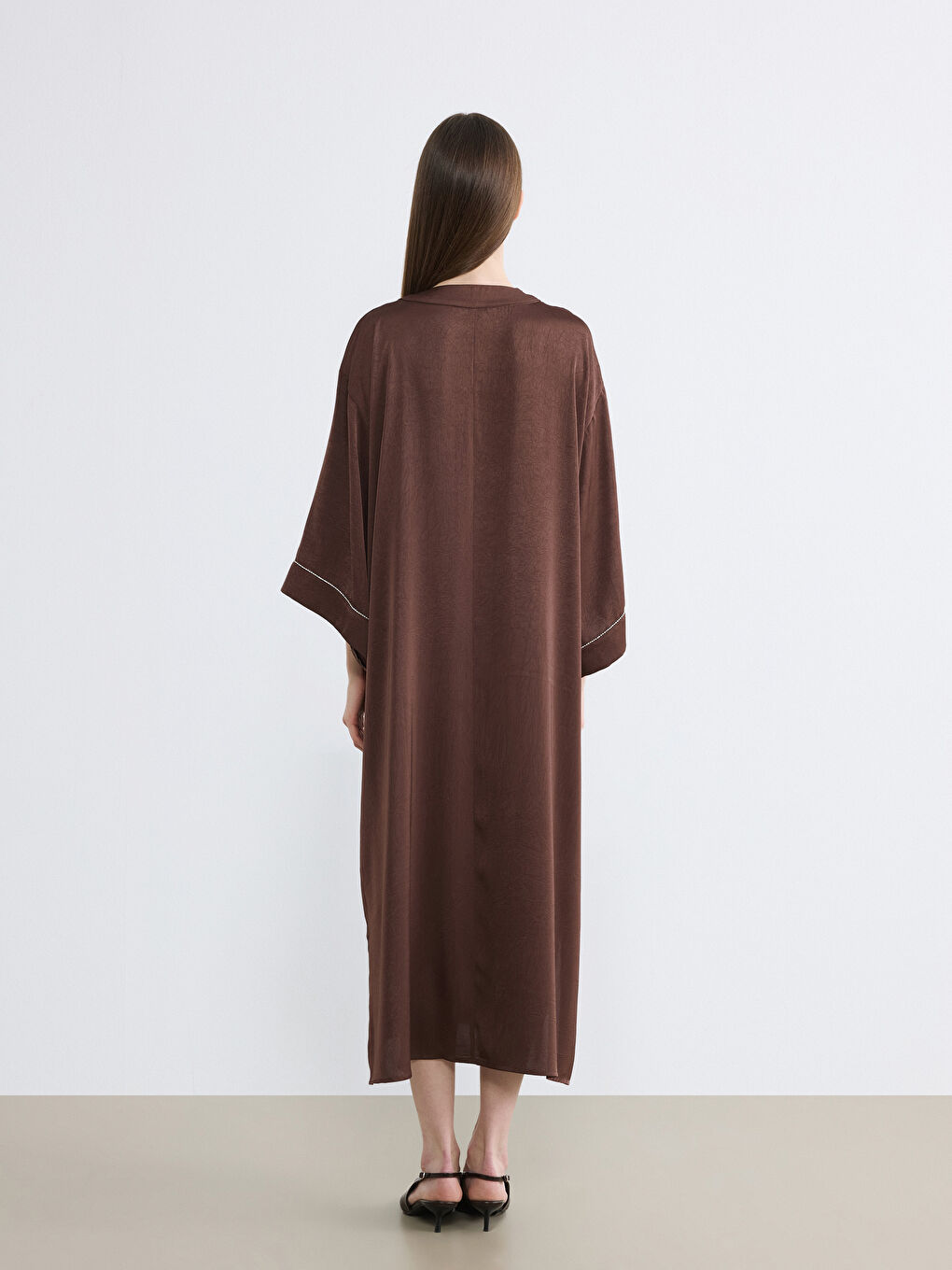 V Neck Rhinestone Embellished Oversize Satin Dress-3