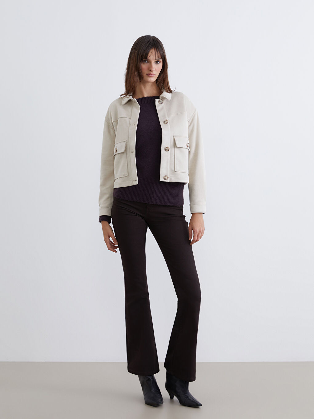 Women's Shirt Collar Suede Look Jacket-1