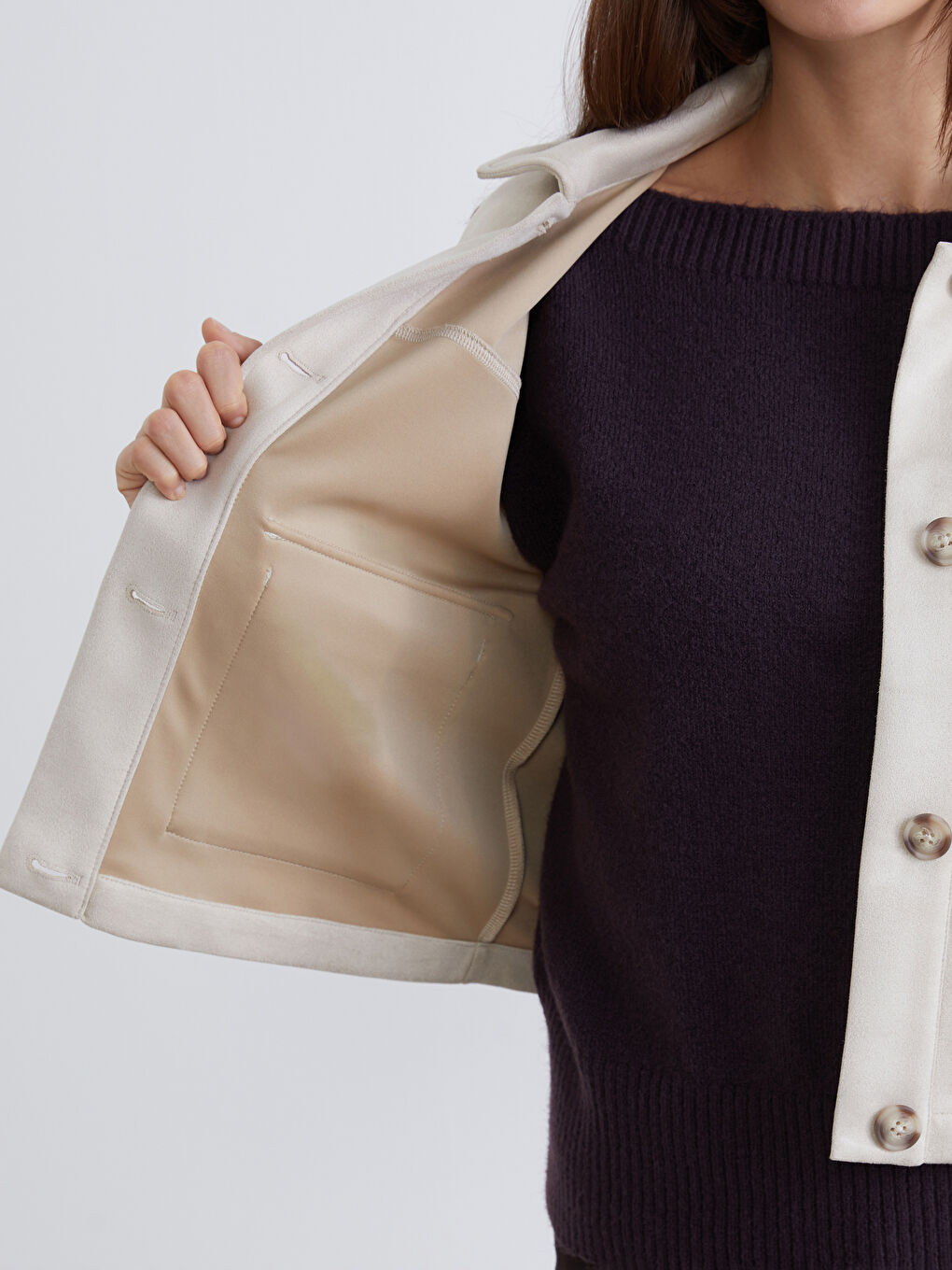 Women's Shirt Collar Suede Look Jacket-3