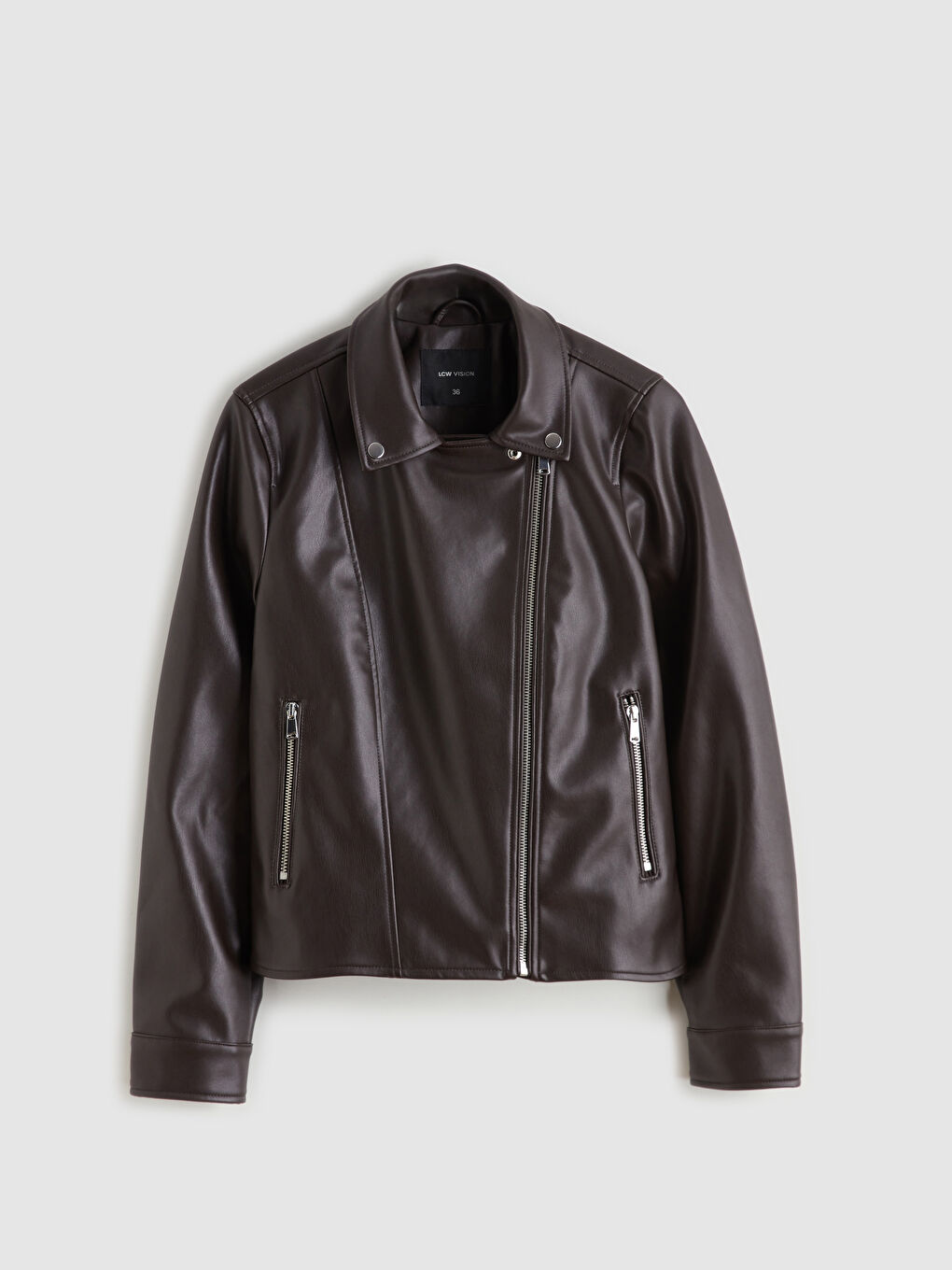 ქალი ყავისფერი ხელოვნური ტყავის ქურთუკი-5