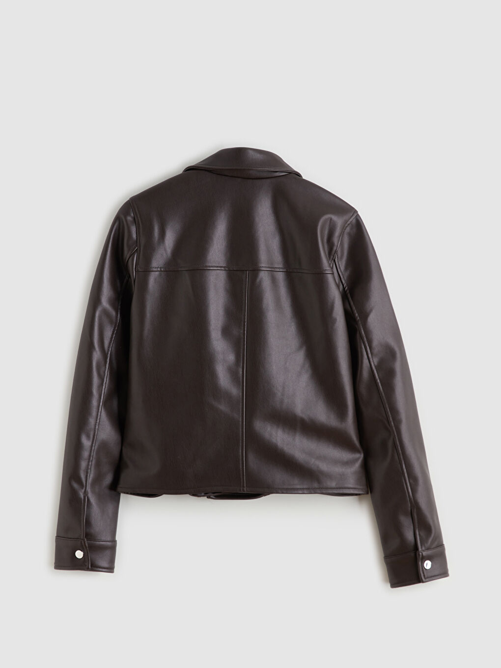 ქალი ყავისფერი ხელოვნური ტყავის ქურთუკი-6