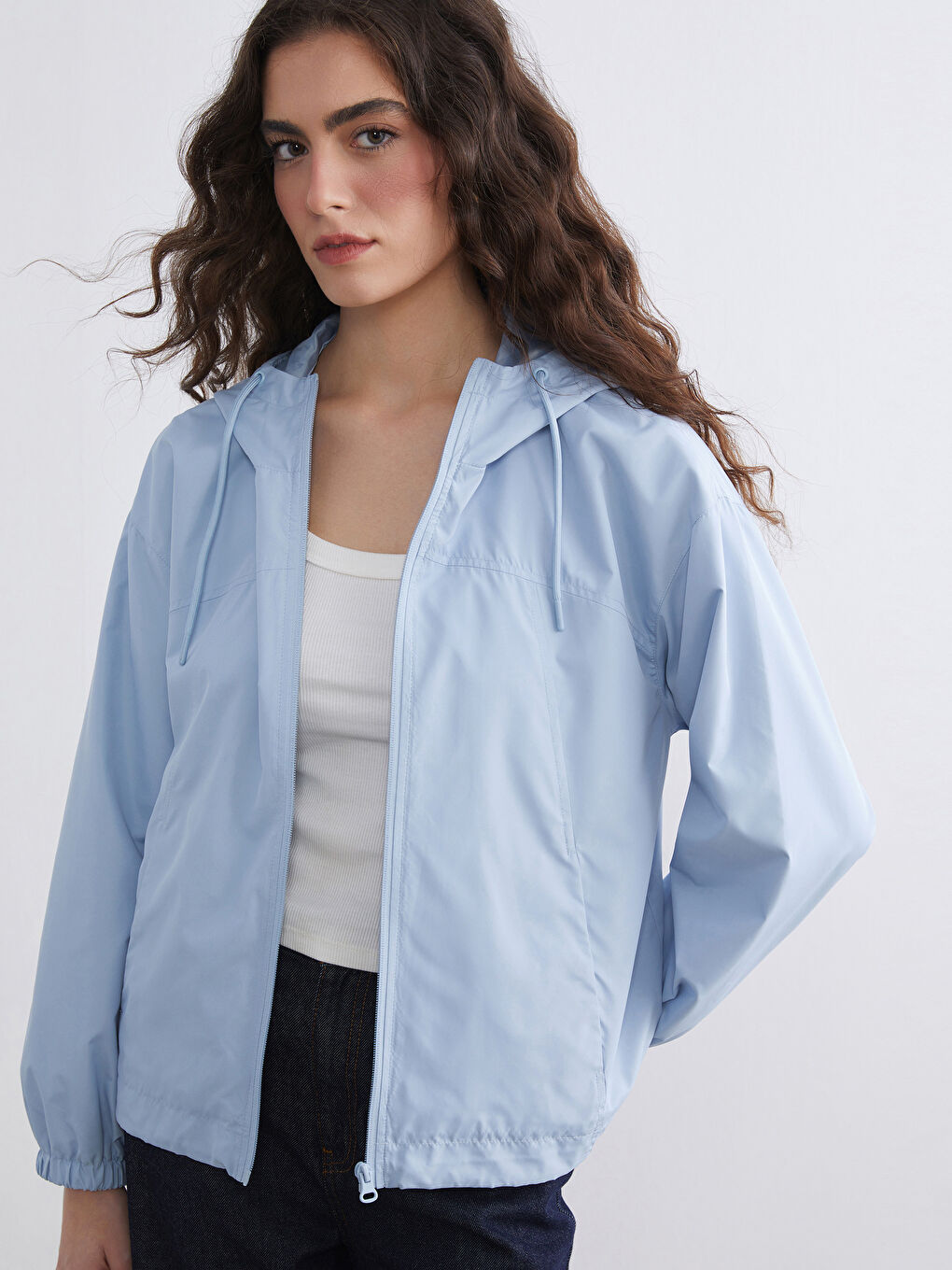 Mavi Kapüşonlu Oversize Kadın Yağmurluk