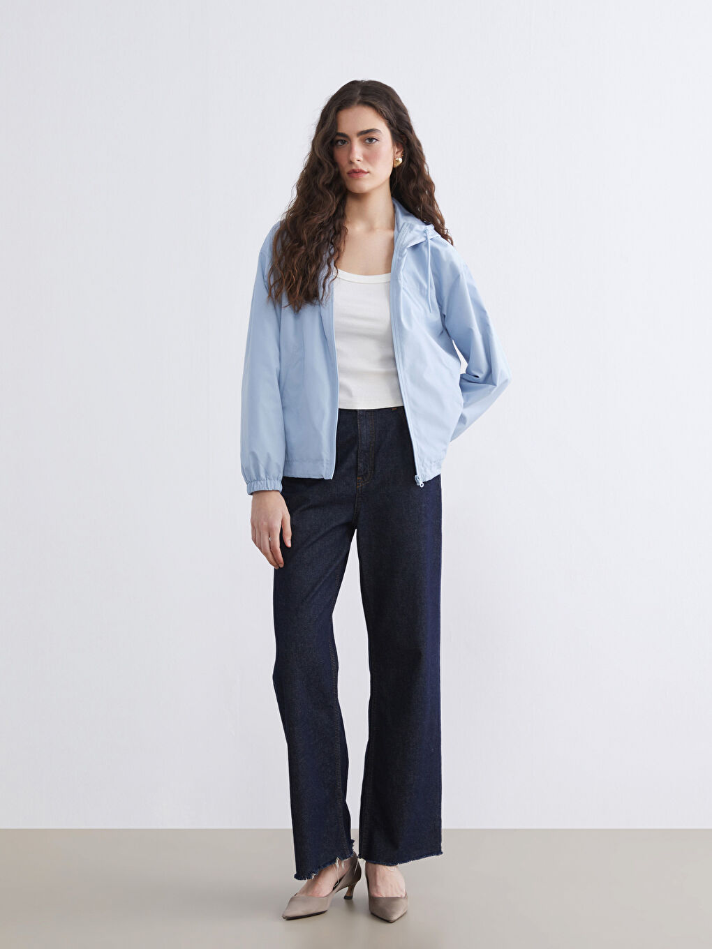 Mavi Kapüşonlu Oversize Kadın Yağmurluk-1