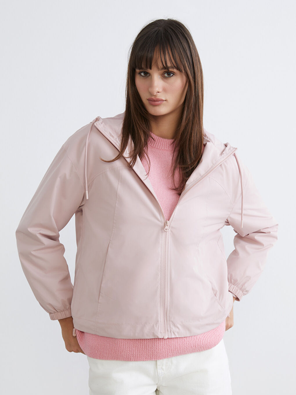 Pembe Kapüşonlu Oversize Kadın Yağmurluk