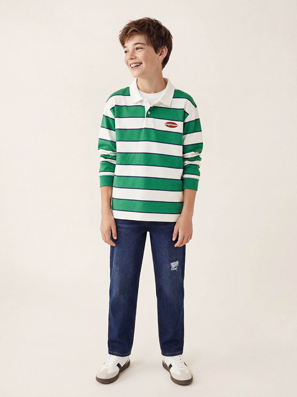 Yeşil Erkek Çocuk Polo Yaka Çizgili Tişört-1