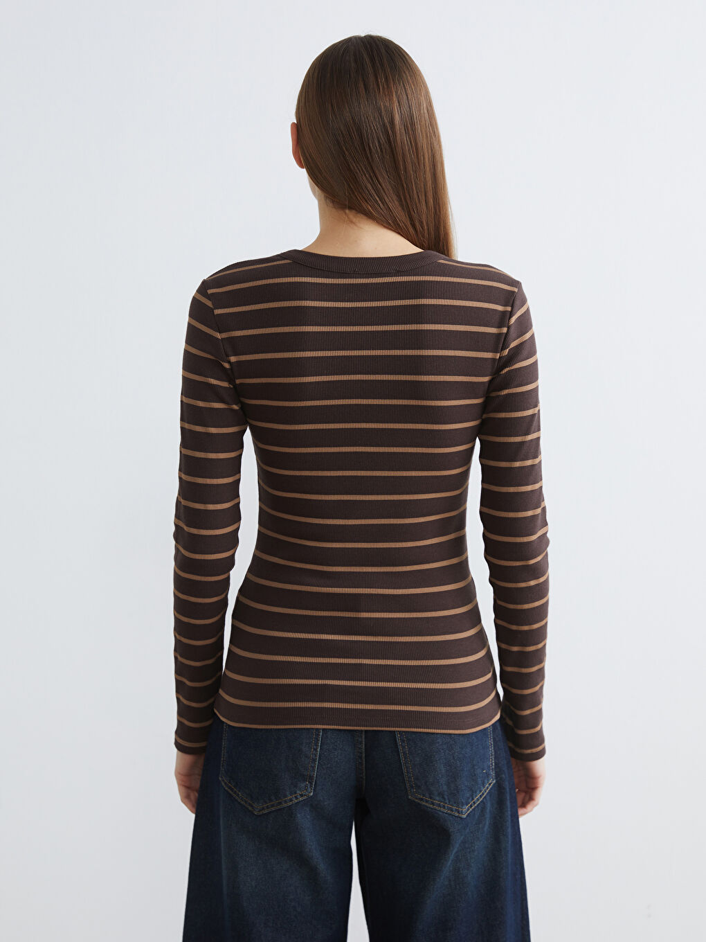 Kahverengi Bisiklet Yaka Çizgili Kadın Body-3