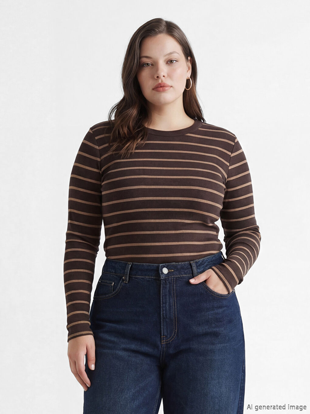 Kahverengi Bisiklet Yaka Çizgili Kadın Body-2