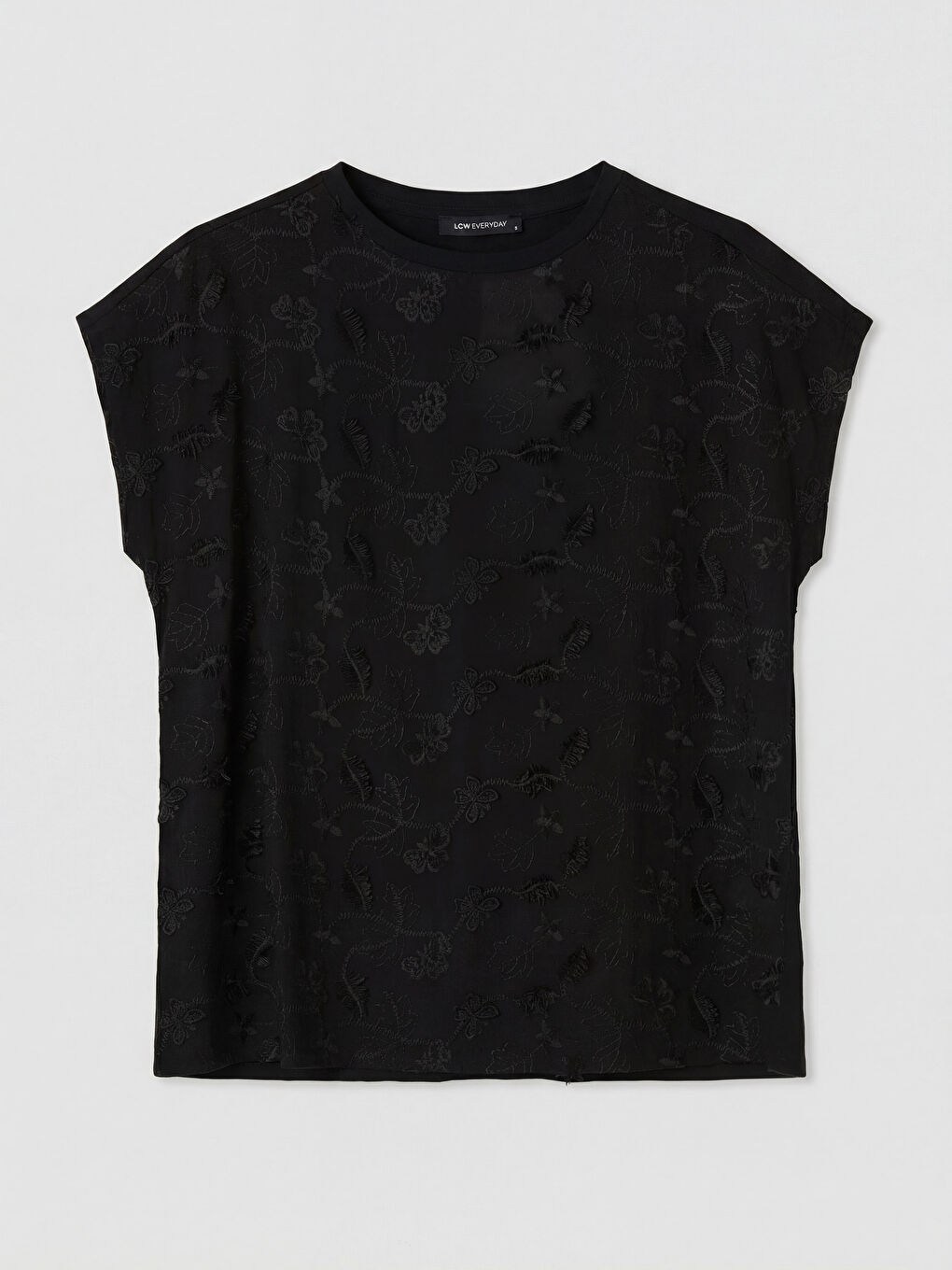 Siyah Bisiklet Yaka Nakışlı Kadın Tişört