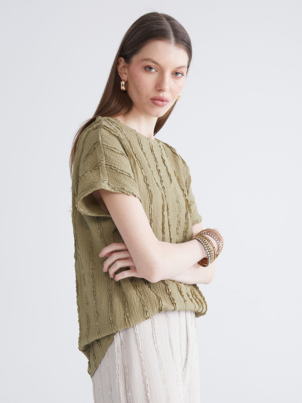 Crew Neck Textured Blouse