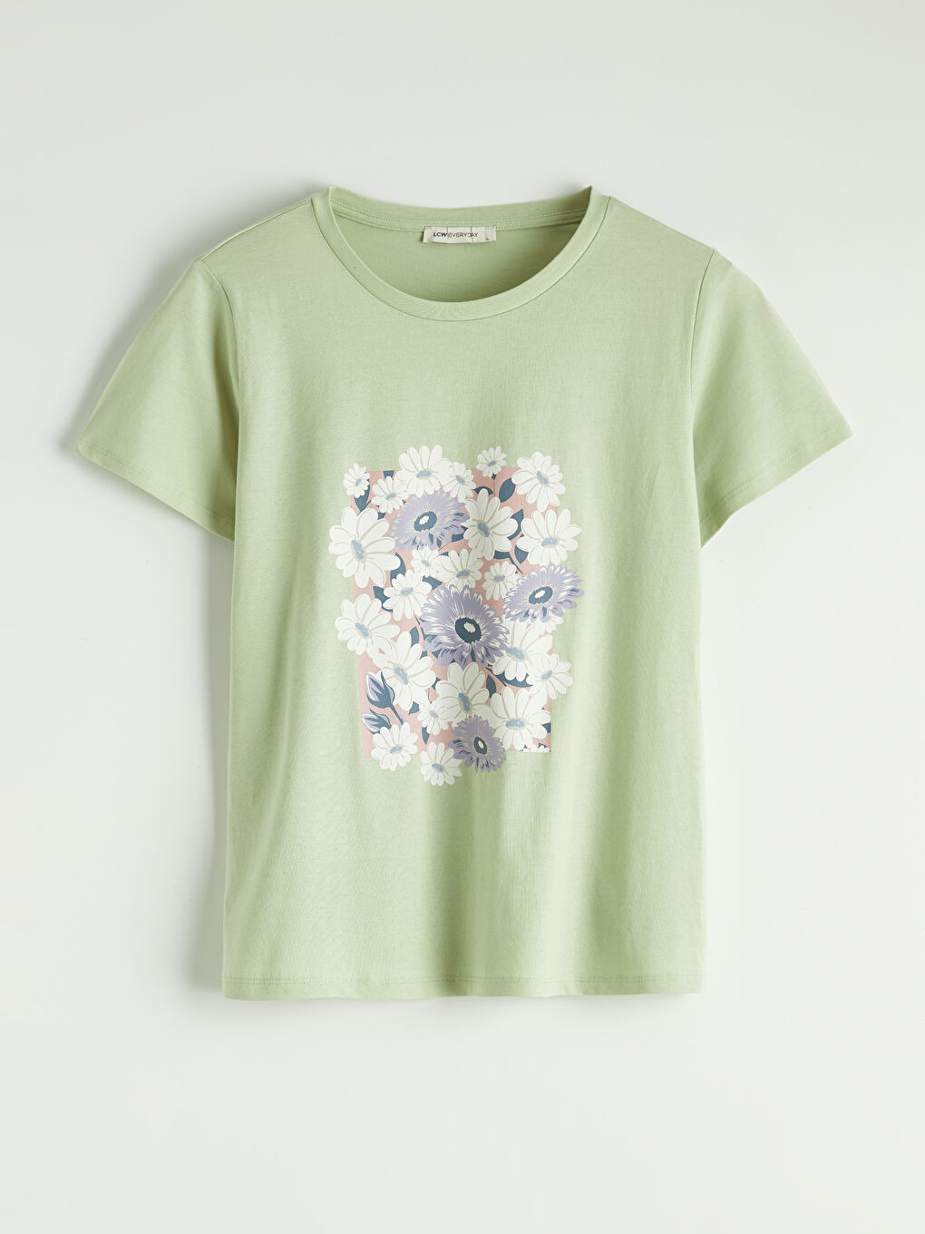 Bisiklet Yaka Çiçek Baskılı Kadın Tişört-4