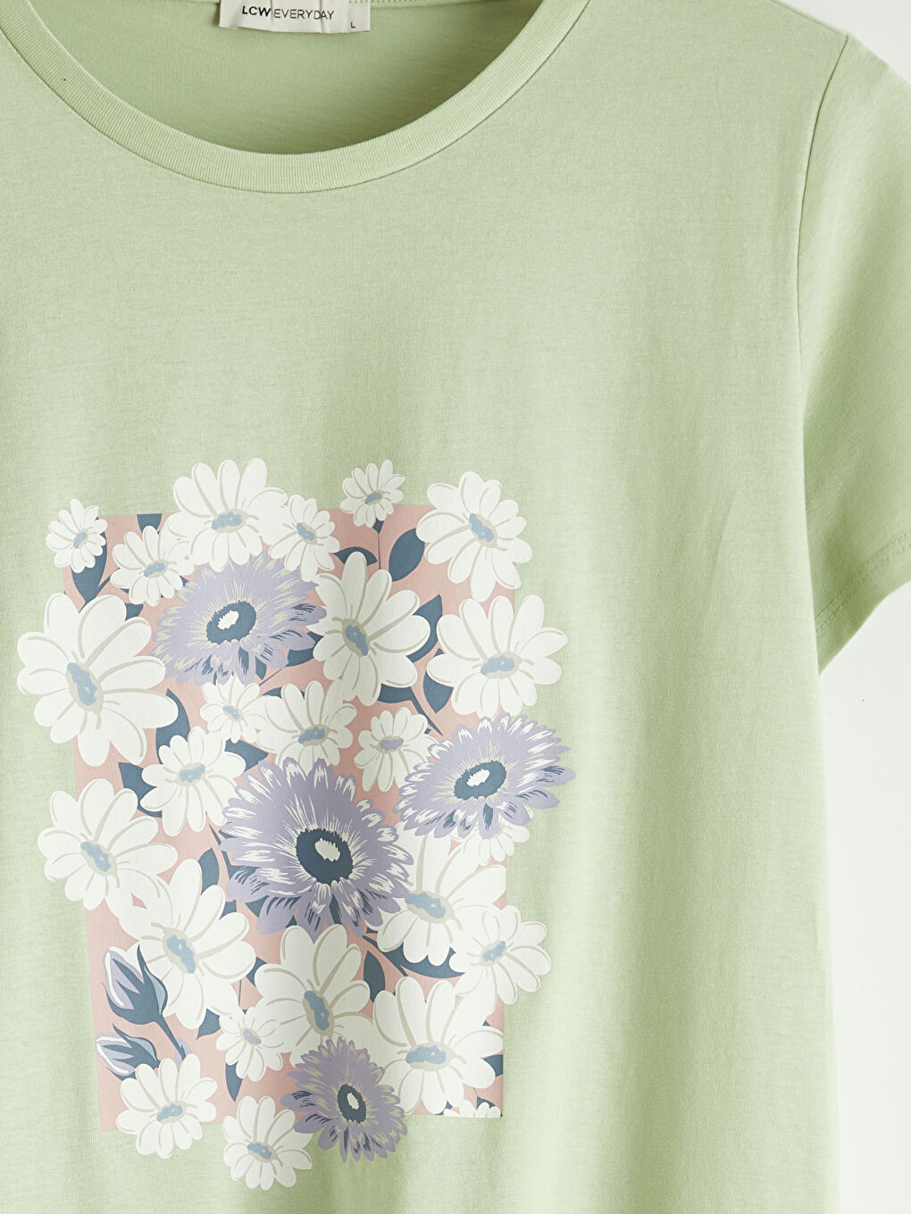 Bisiklet Yaka Çiçek Baskılı Kadın Tişört-5