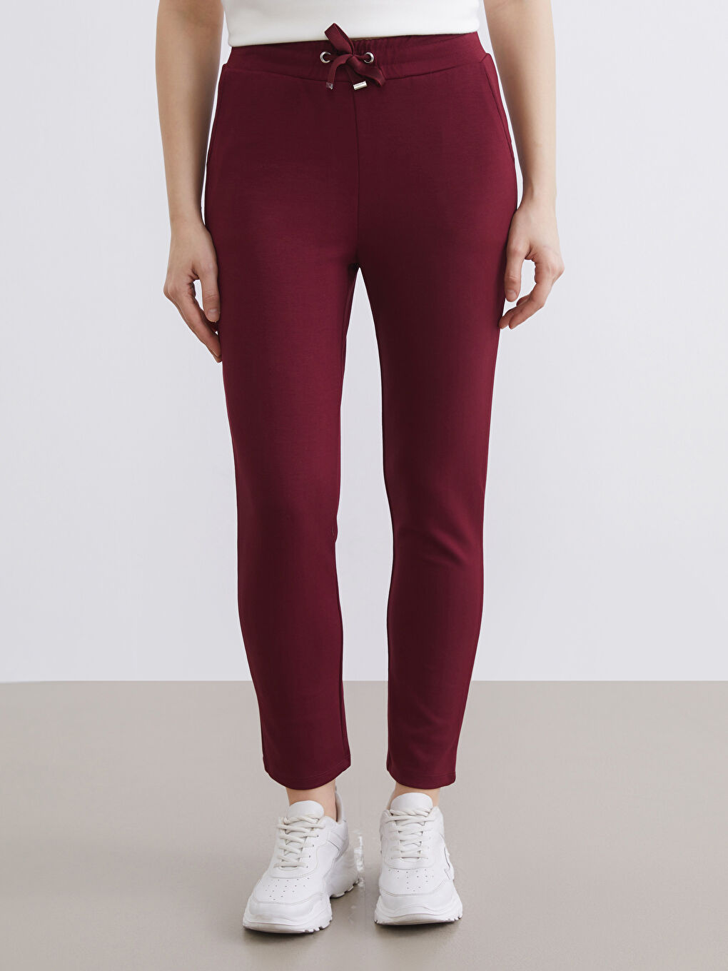 Bordo Beli Lastikli Soft Touch Kadın Eşofman Altı-2