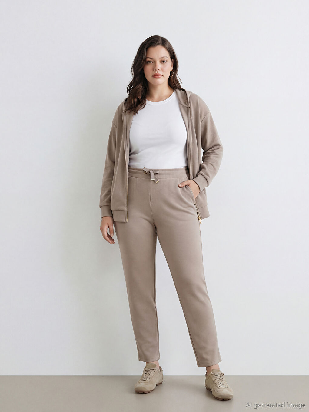 Bej Beli Lastikli Soft Touch Kadın Eşofman Altı-1