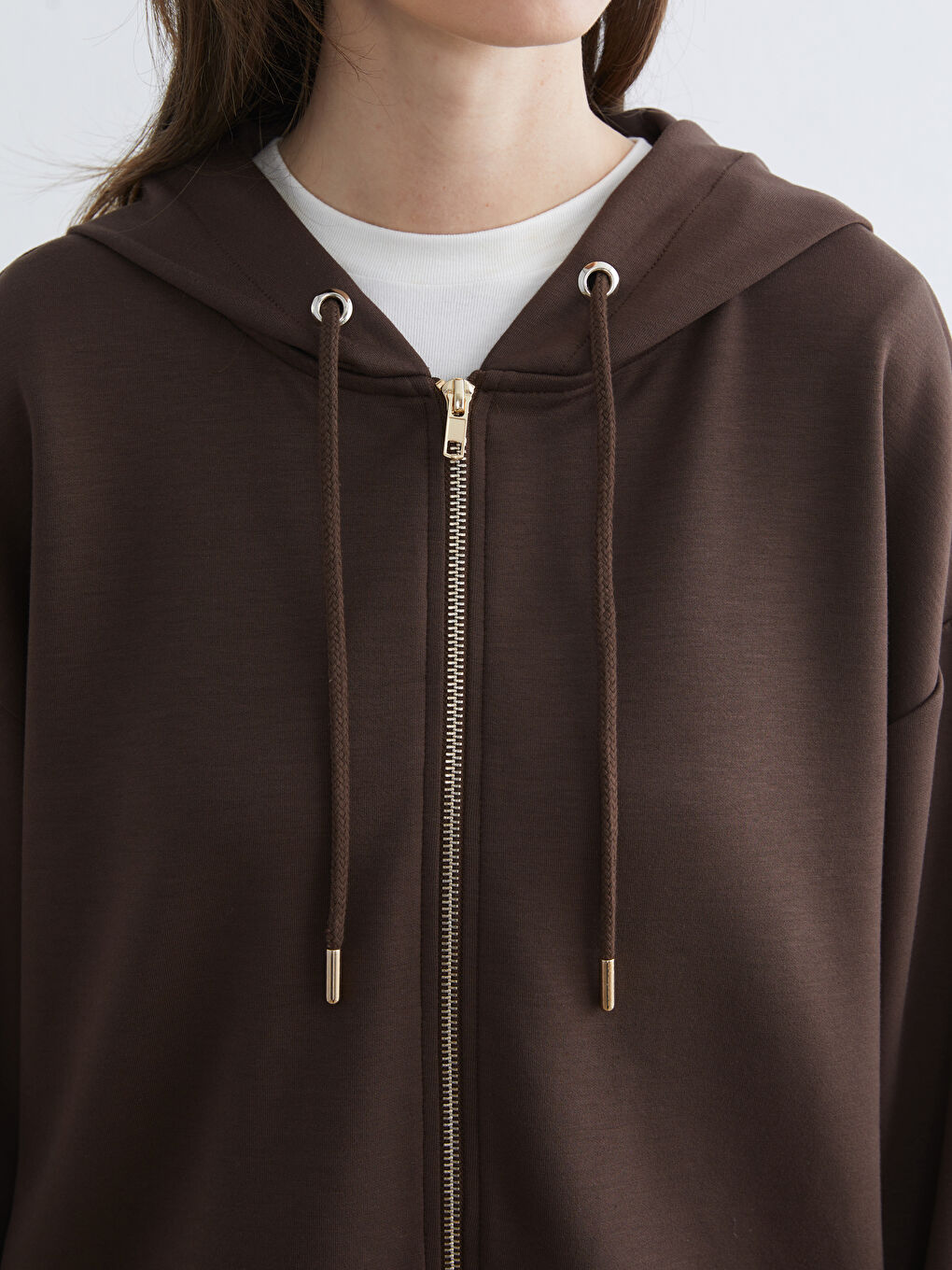 Kahverengi Kapüşonlu Kadın Fermuarlı Sweatshirt-2