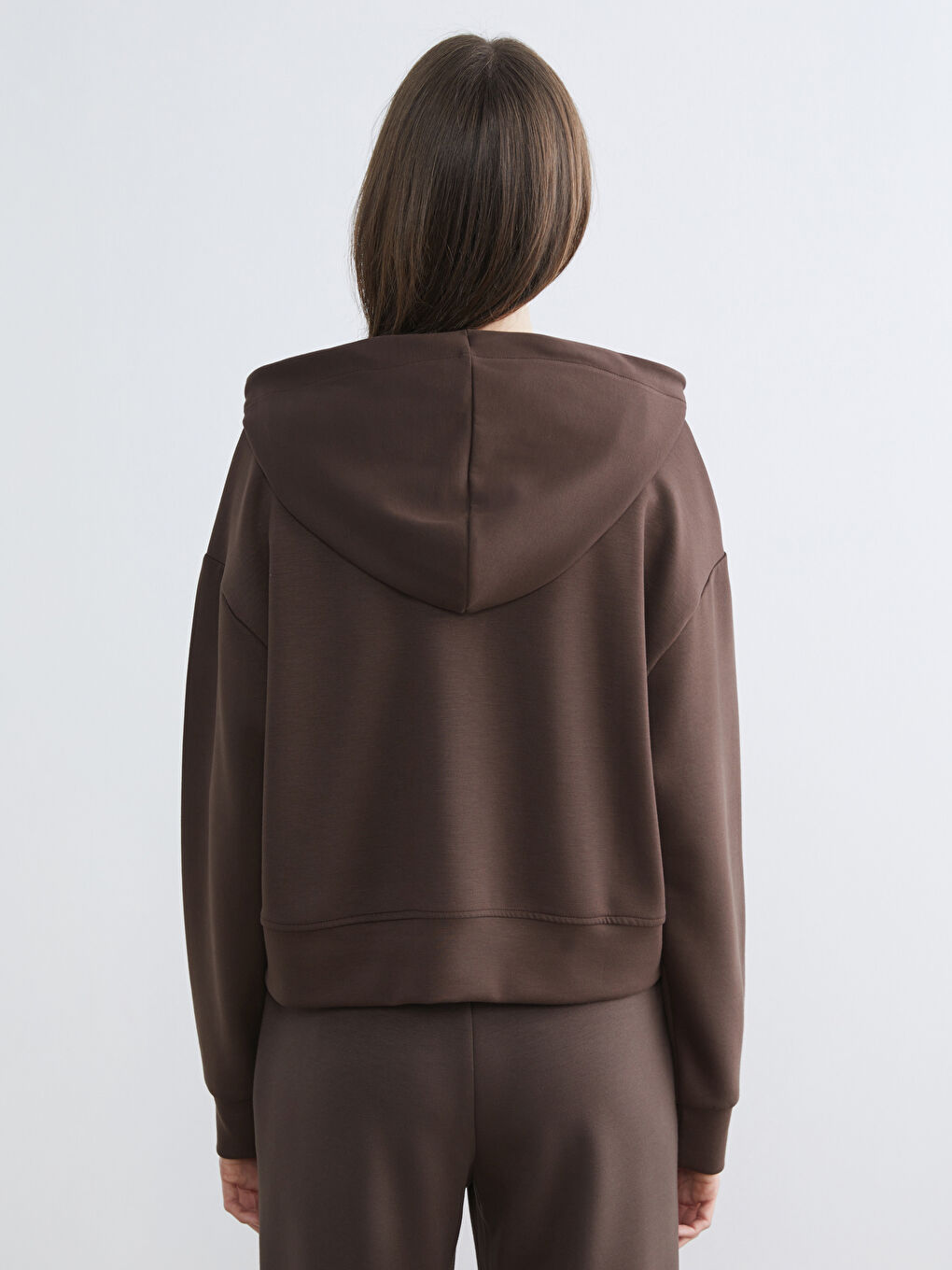 Kahverengi Kapüşonlu Kadın Fermuarlı Sweatshirt-3