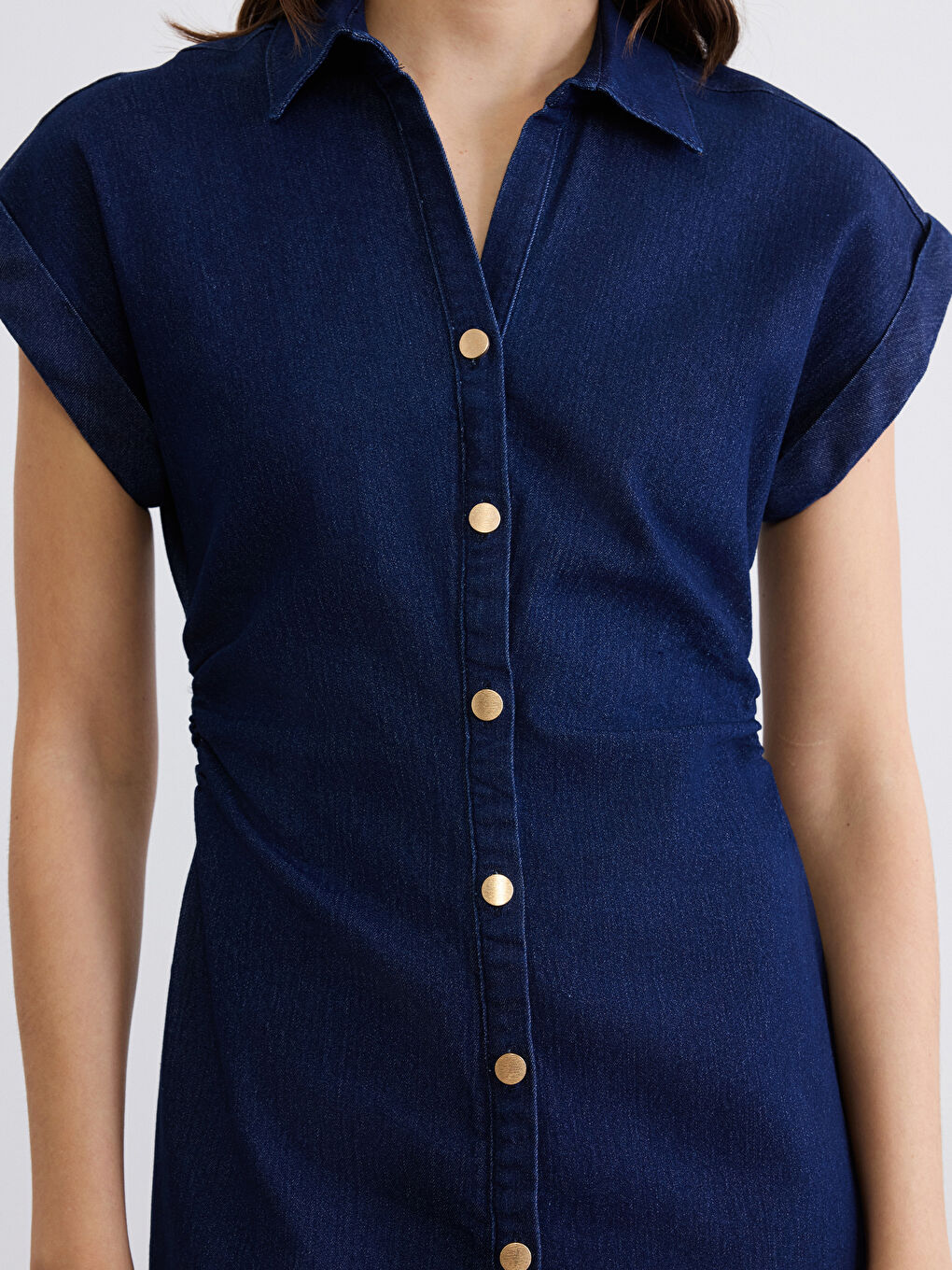 Көйлек жағалы жиналған деним көйлек-2