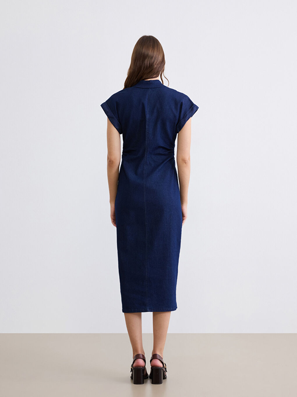 Көйлек жағалы жиналған деним көйлек-3