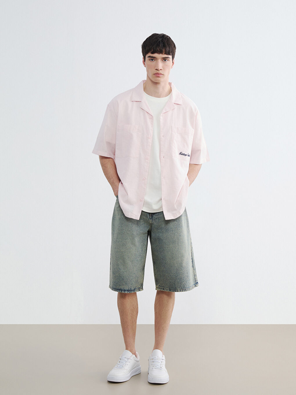 regular fit кестеленген зығыр қоспасы ерлер жейдесі-1