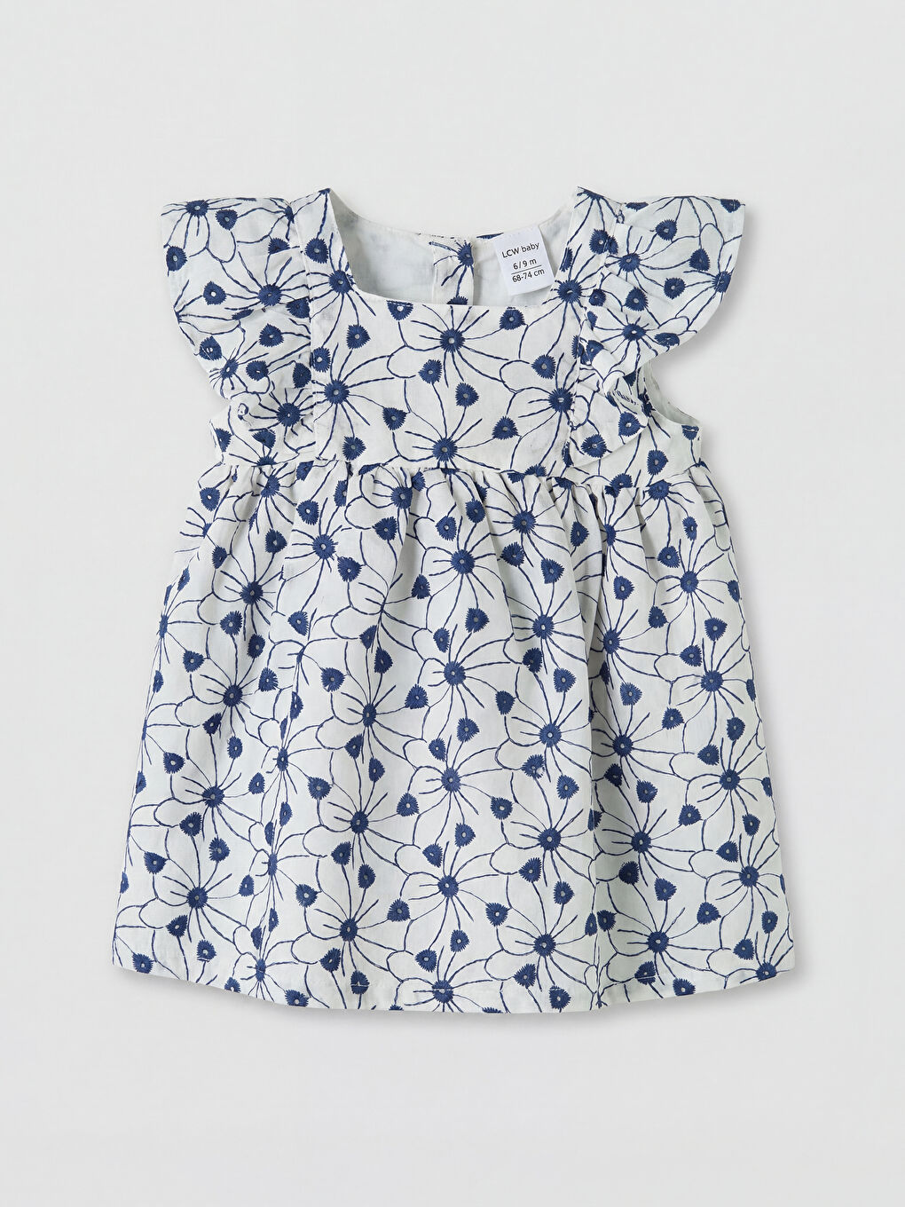 Ekru Kare Yaka Nakışlı Kız Bebek Elbise