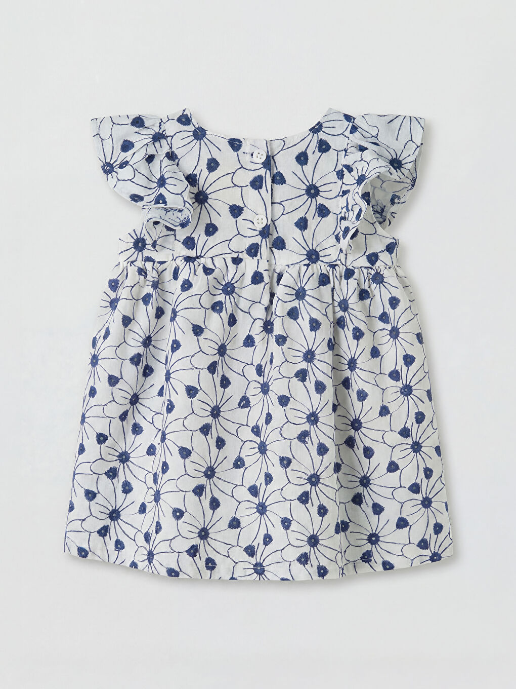 Ekru Kare Yaka Nakışlı Kız Bebek Elbise-1