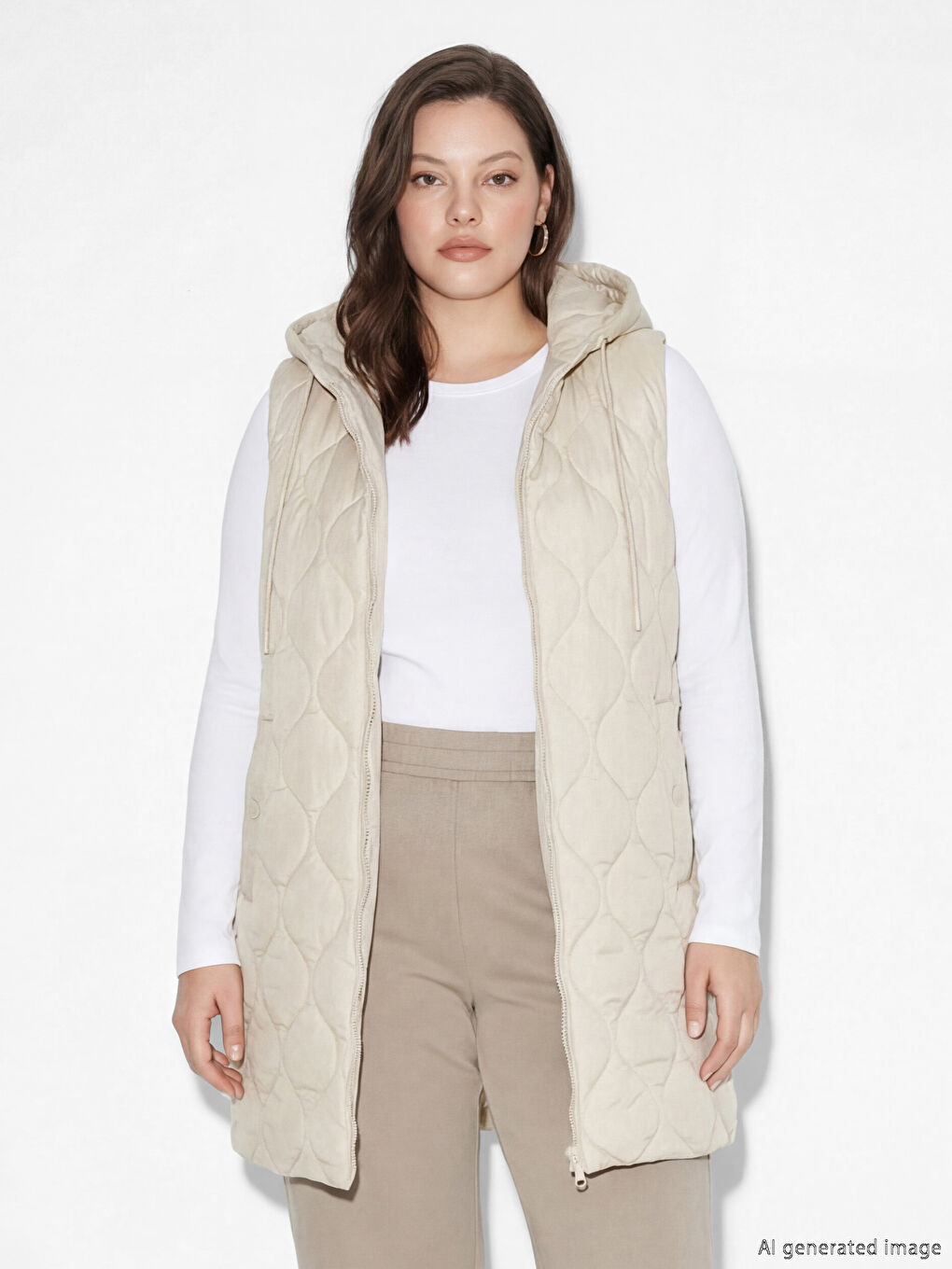 Bej Kapüşonlu Kapitone Kadın Şişme Yelek-1