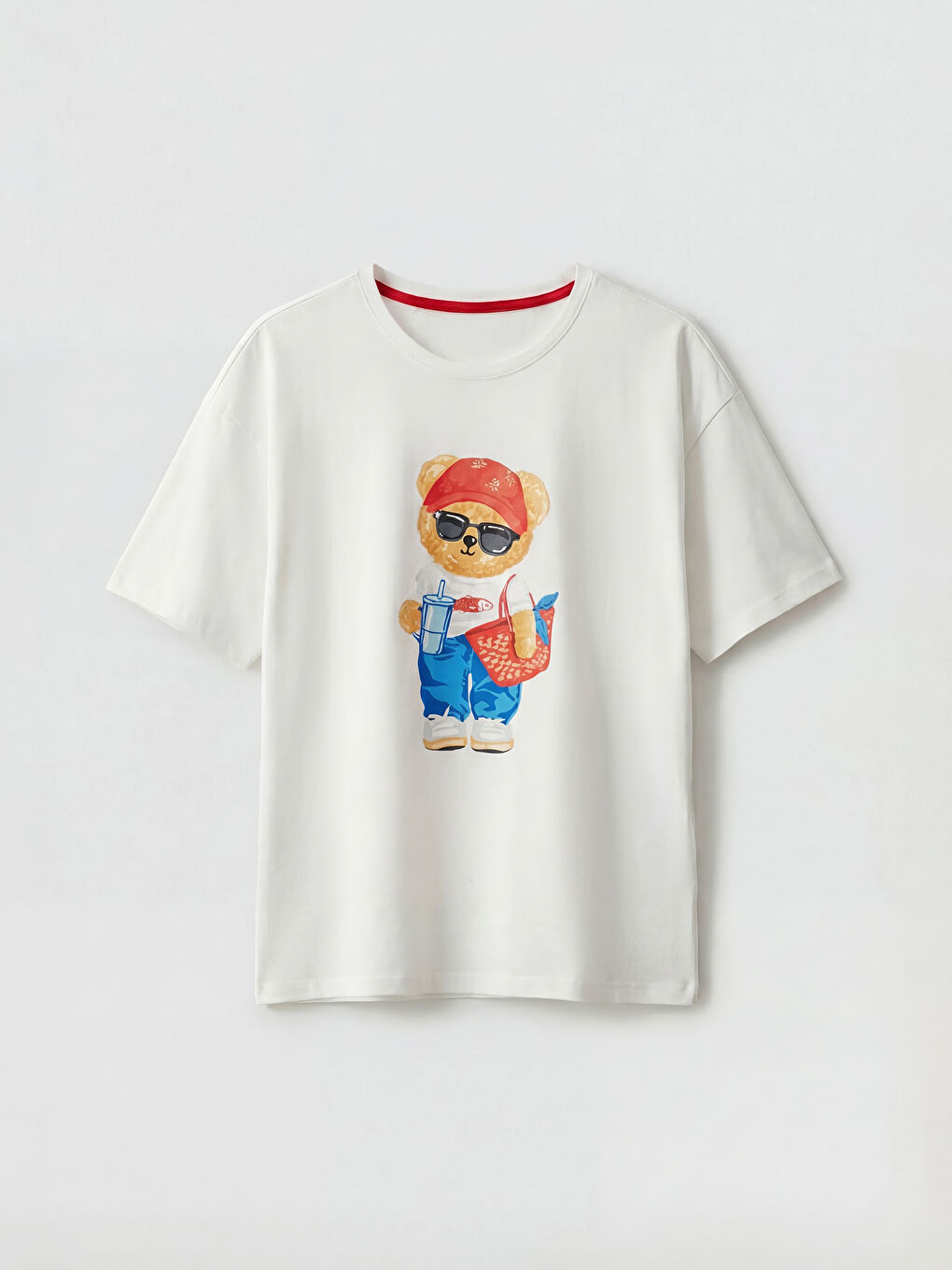 Ekru Bisiklet Yaka Ayı Baskılı Kadın Pijama Üstü