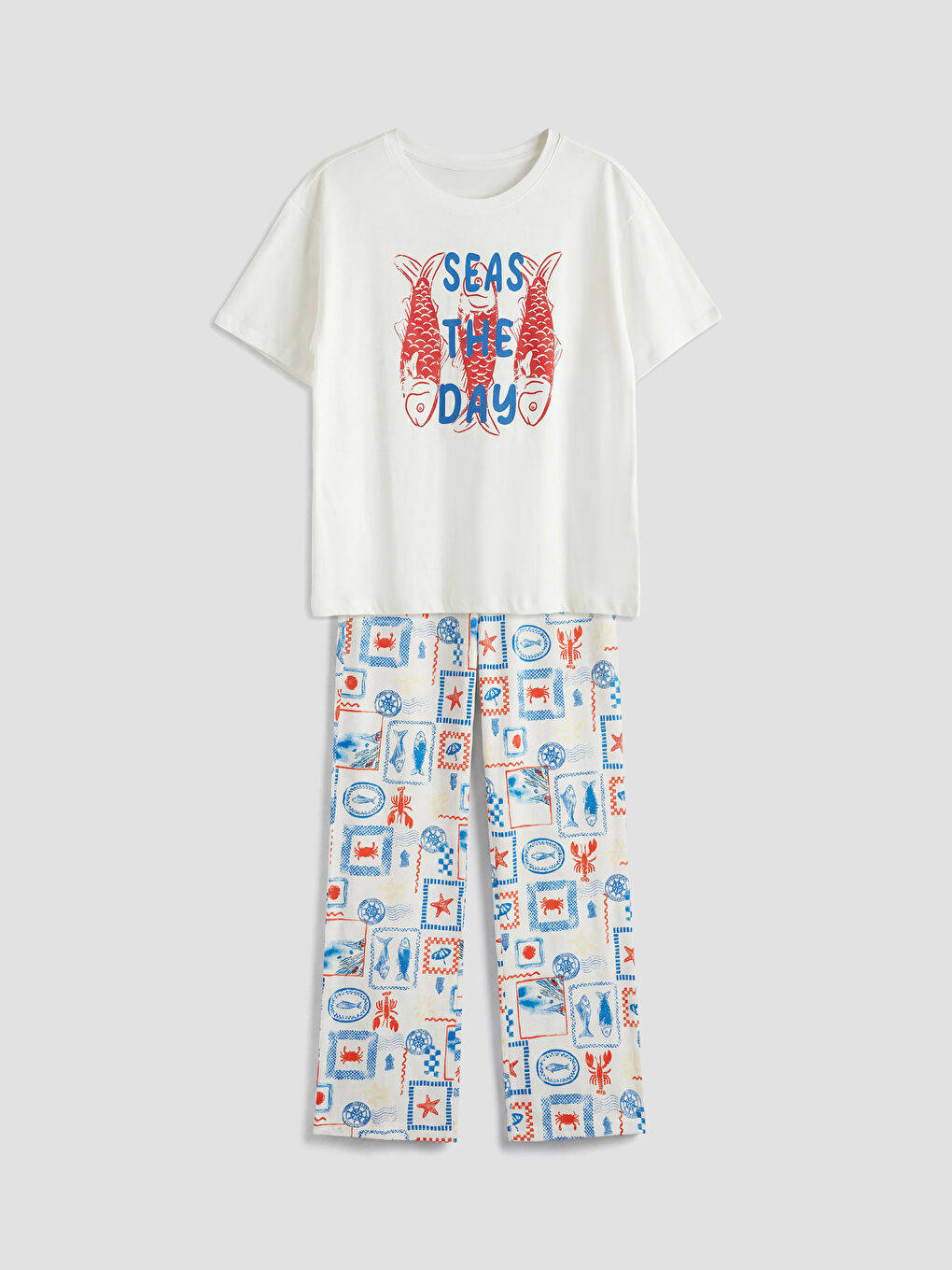 Ekru Bisiklet Yaka Baskılı Kadın Pijama Takım