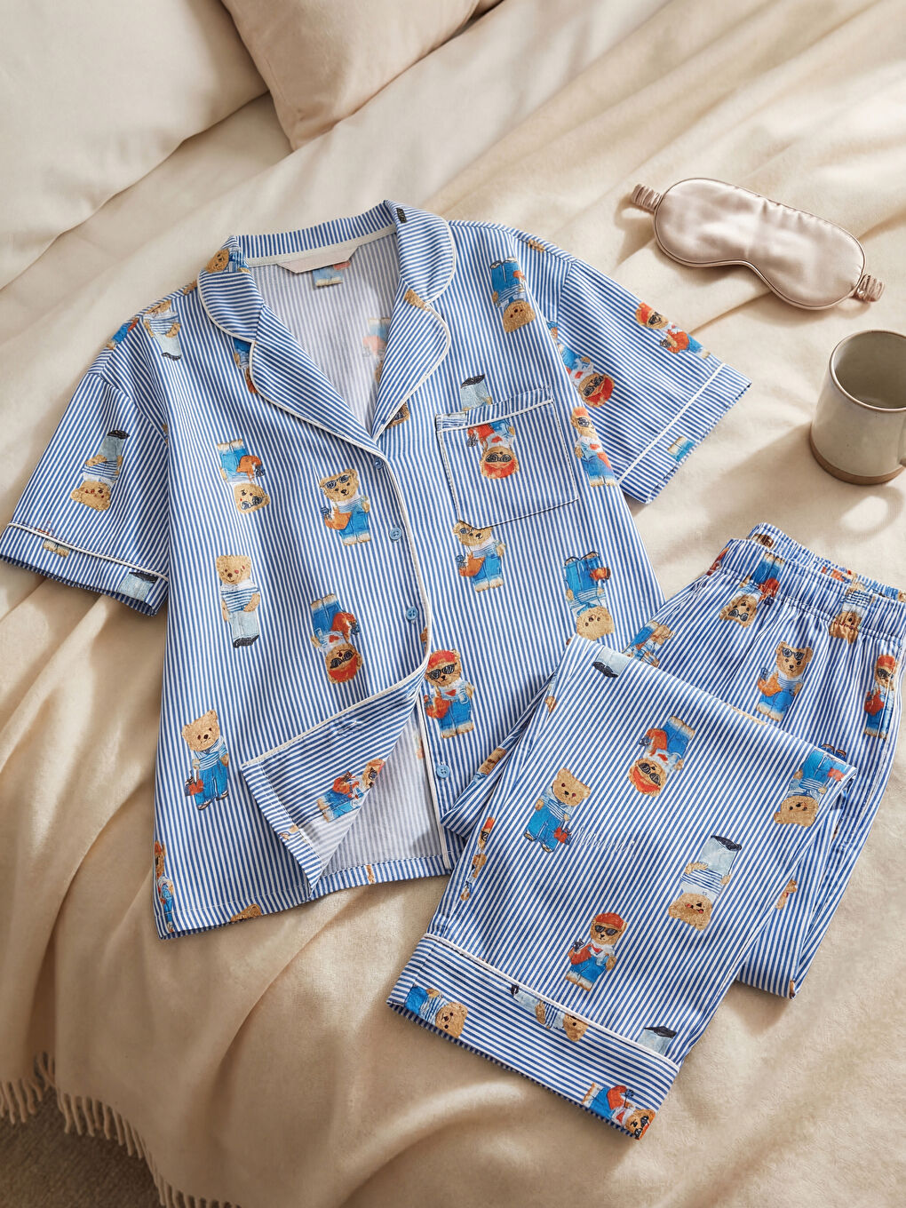 Ekru Ayı Teddy Baskılı Kadın Pijama Takım