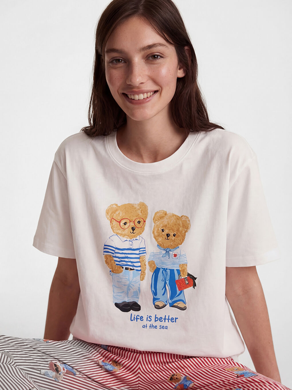 Kırmızı Bisiklet Yaka Baskılı Kadın Pijama Takımı