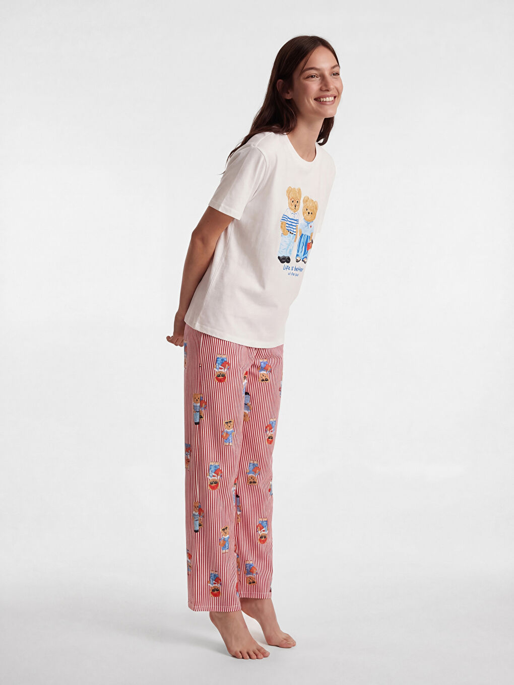 Kırmızı Bisiklet Yaka Baskılı Kadın Pijama Takımı-1