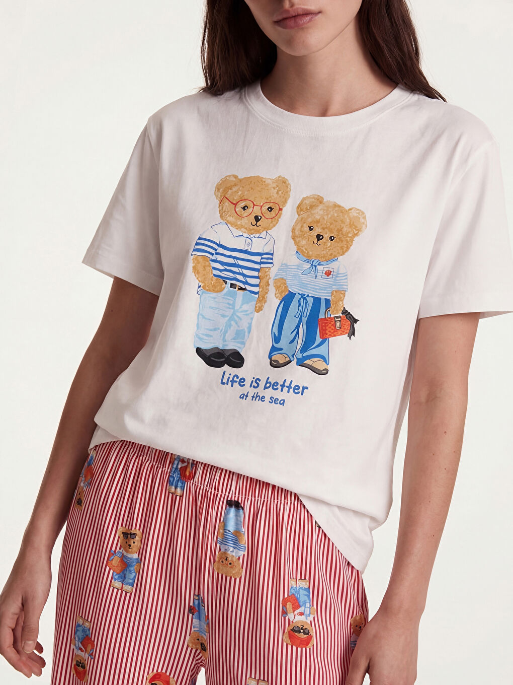 Kırmızı Bisiklet Yaka Baskılı Kadın Pijama Takımı-2