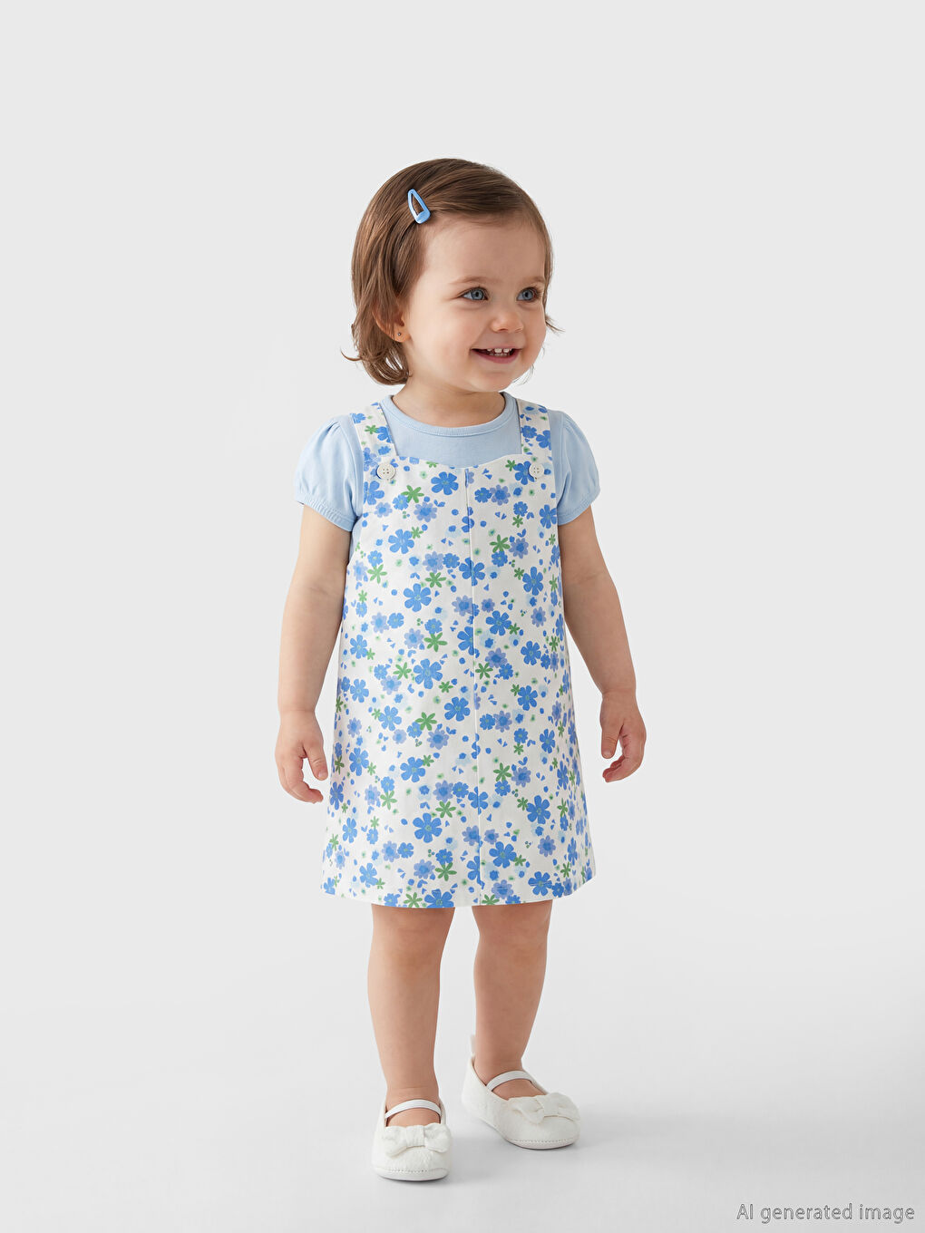 Ekru Bisiklet Yaka Çiçekli Kız Bebek Elbise ve Tişört