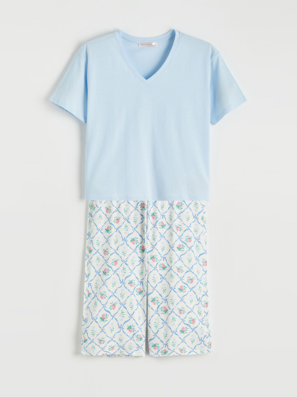 Ekru V Yaka Desenli Kadın Kaprili Pijama Takımı-4