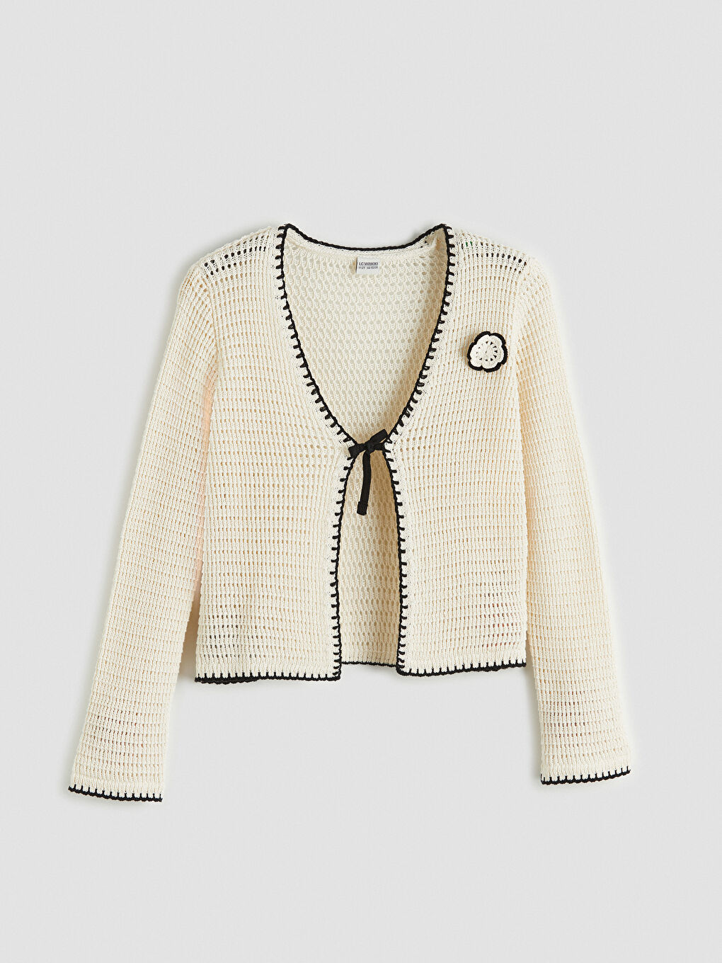 Ekru V Yaka Çiçek Detaylı Kız Çocuk Triko Hırka