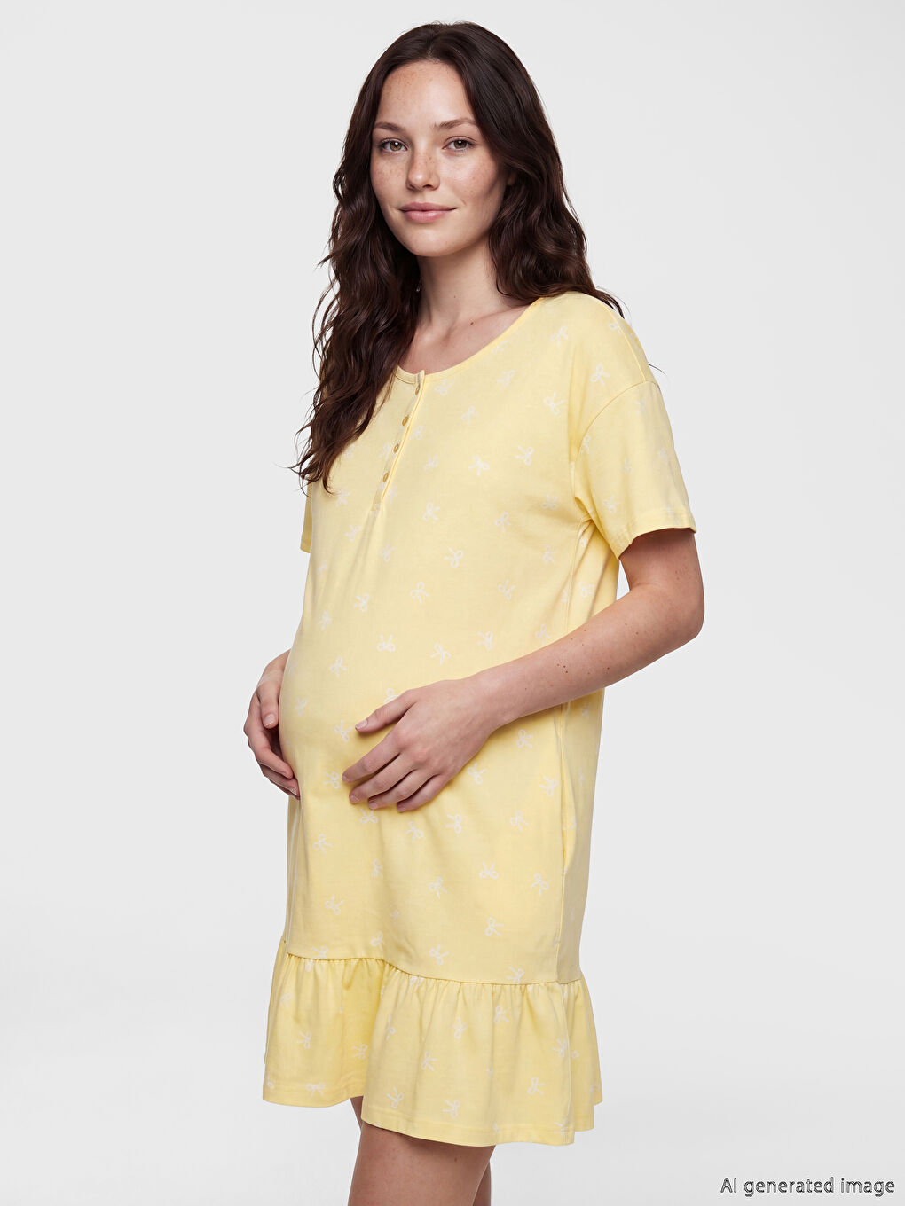 Sarı Bisiklet Yaka Fiyonk Baskılı Hamile Gecelik-1