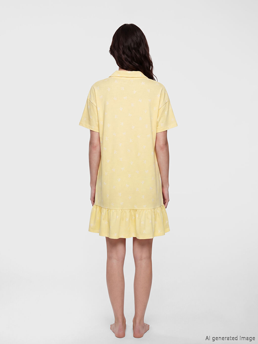 Sarı Bisiklet Yaka Fiyonk Baskılı Hamile Gecelik-3