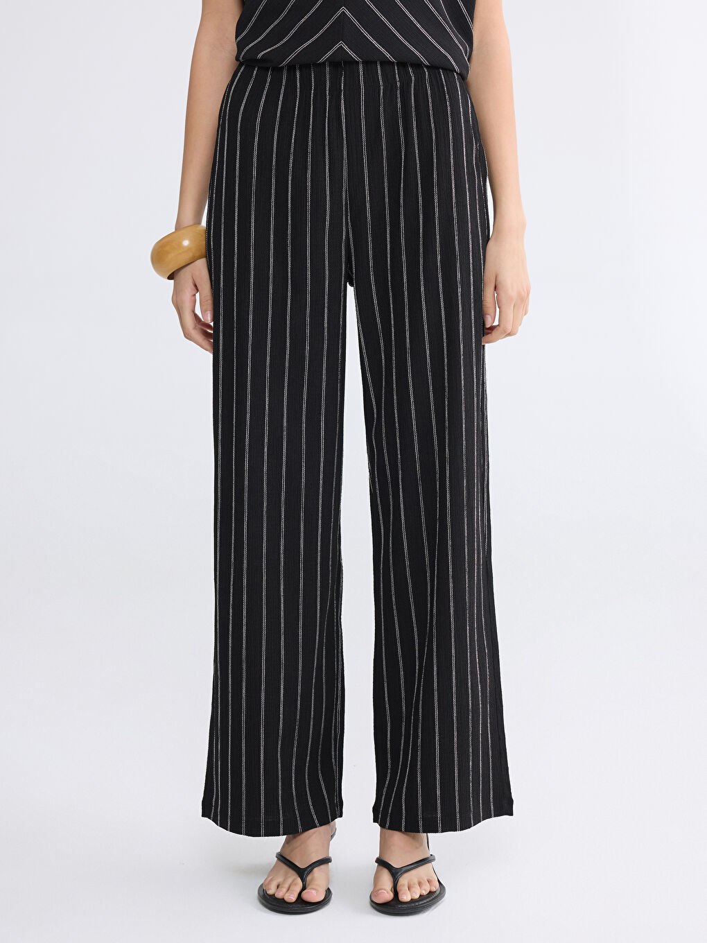 Beli Lastikli Çizgili Kadın Pantolon-1