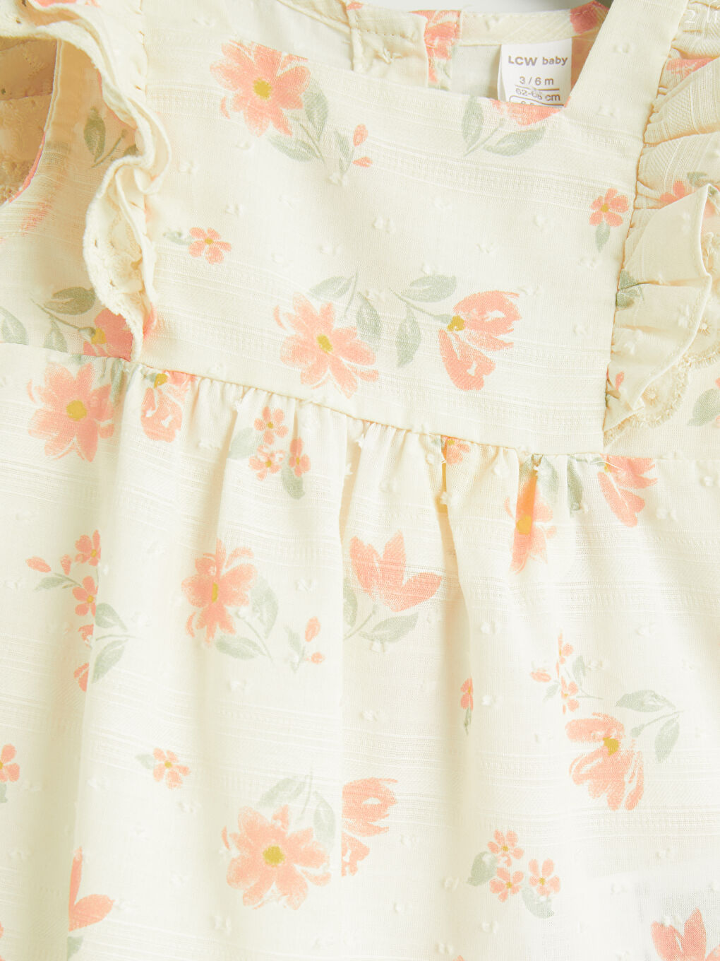 Ekru Kare Yaka Fırfırlı Baskılı Kız Bebek Poplin Tulum-2