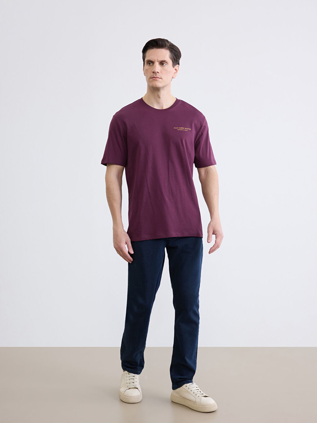 Mürdüm Bisiklet Yaka Baskılı Erkek Tişört-1