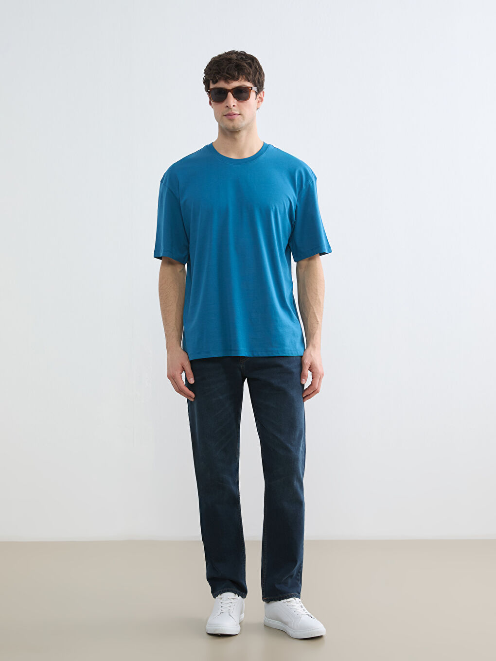 Mavi Bisiklet Yaka Baskılı Penye Erkek Tişört-1