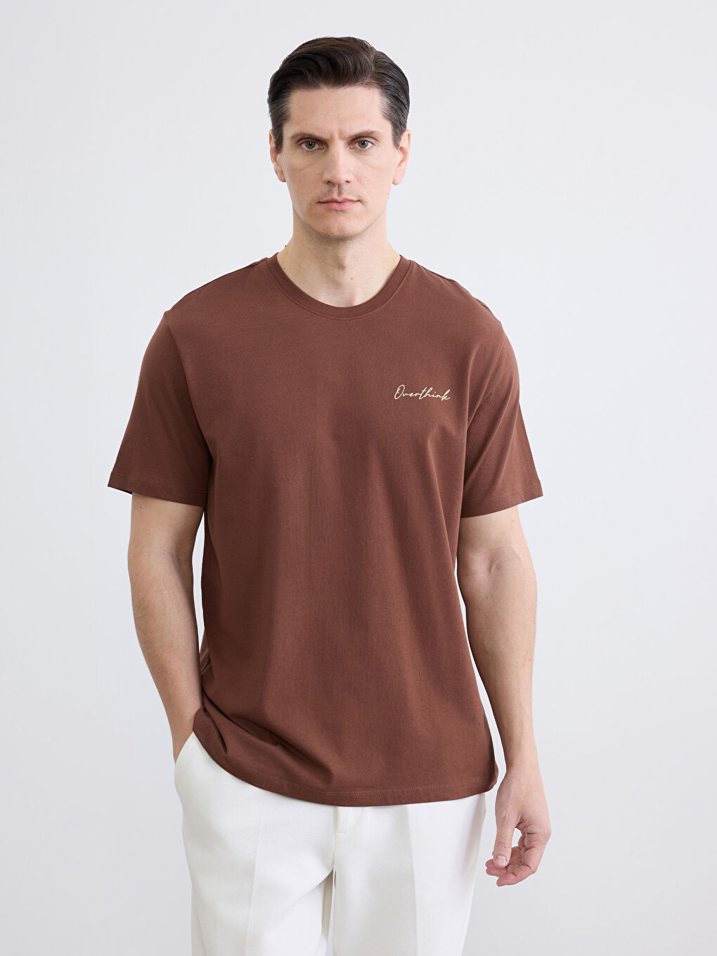 Kahverengi Bisiklet Yaka Baskılı Penye Erkek Tişört