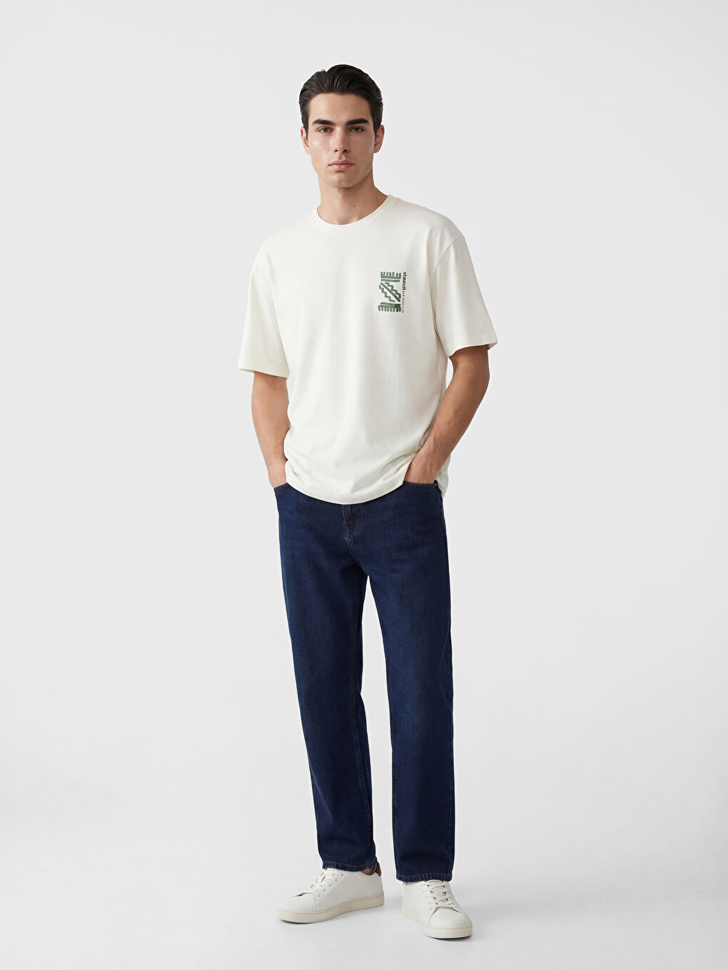 Ekru Bisiklet Yaka Baskılı Erkek Tişört-1
