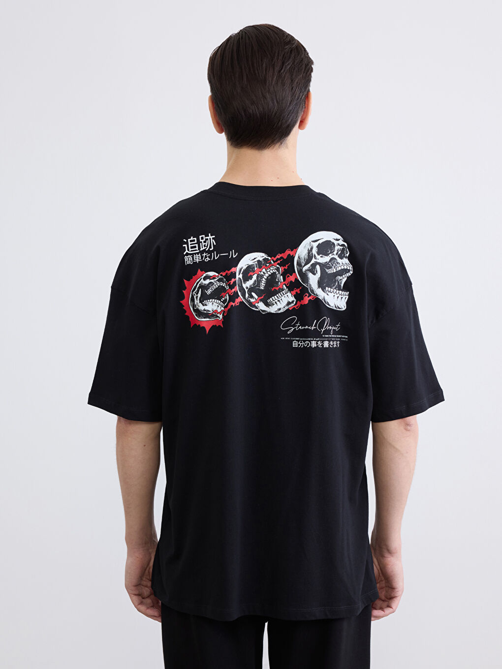 Siyah Bisiklet Yaka Baskılı Oversize Erkek Tişört-3