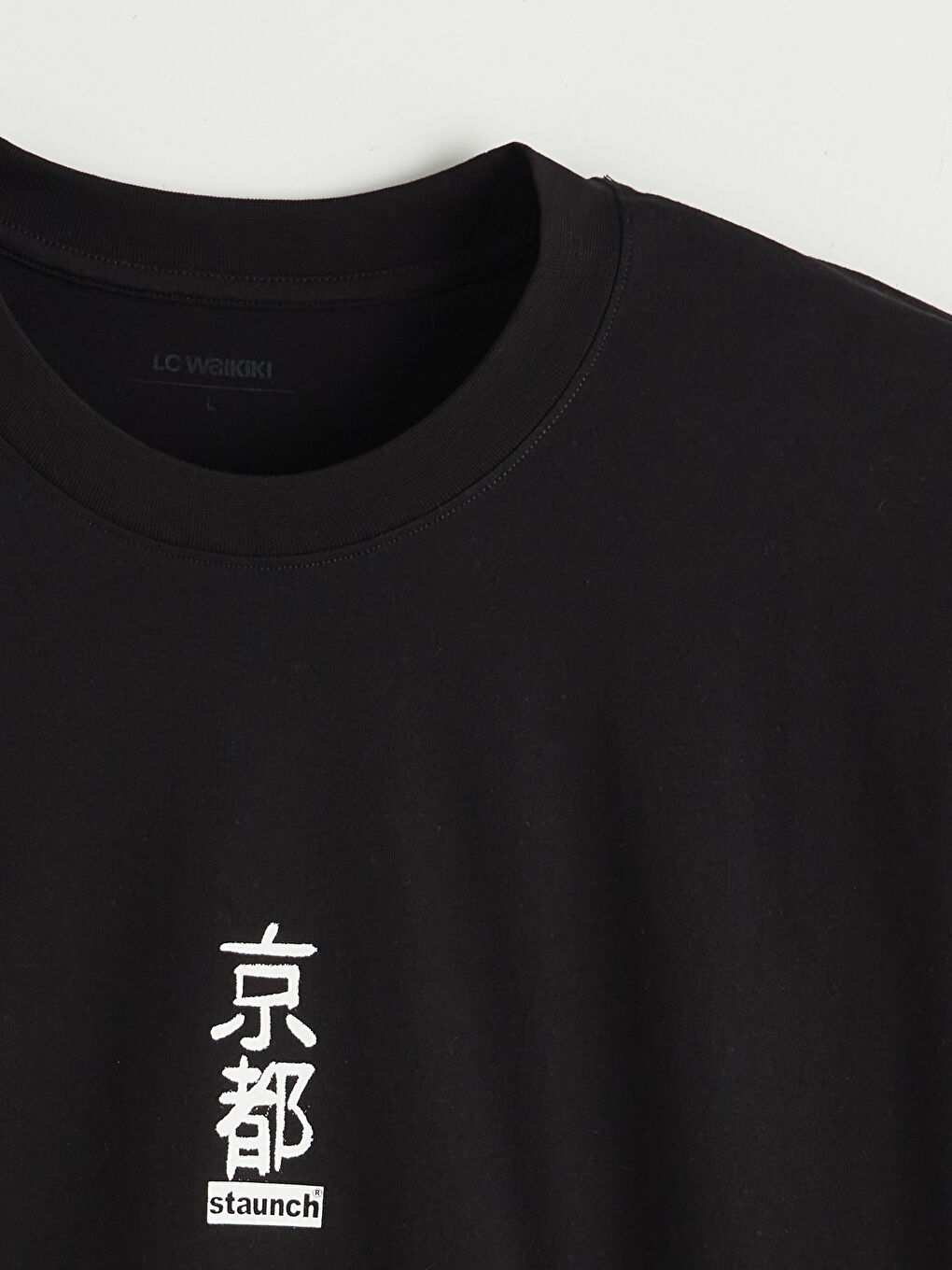 Siyah Bisiklet Yaka Baskılı Oversize Erkek Tişört-5