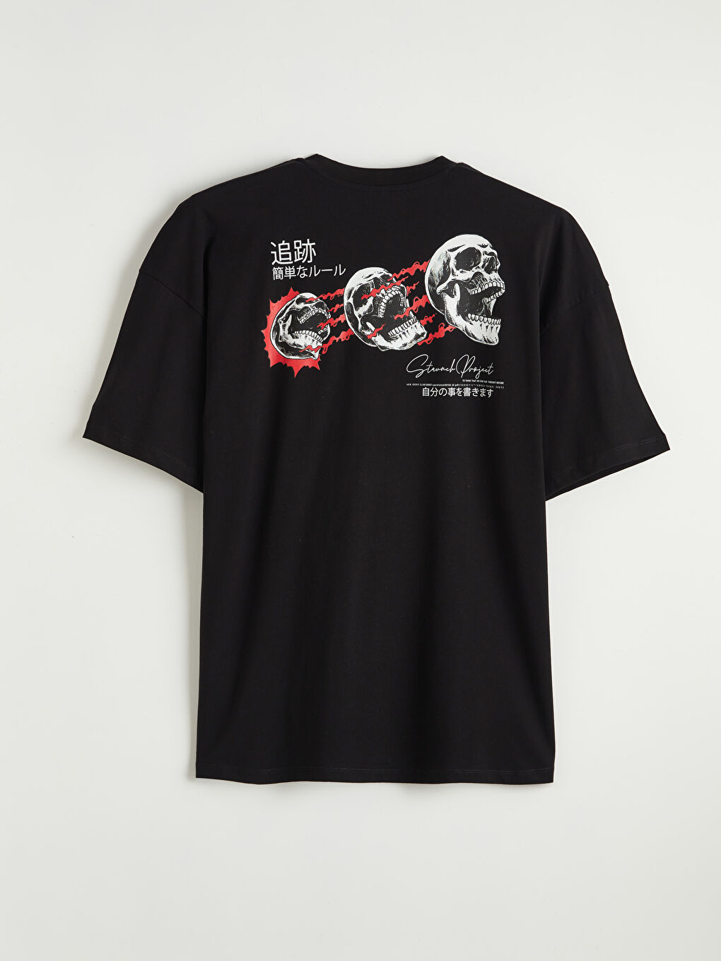 Siyah Bisiklet Yaka Baskılı Oversize Erkek Tişört-6