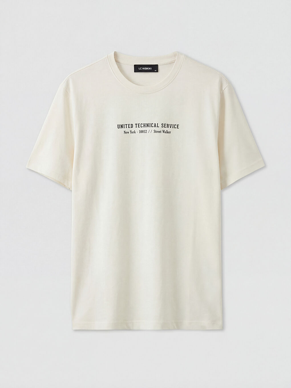 Ekru Bisiklet Yaka New York Baskılı Erkek Tişört-4